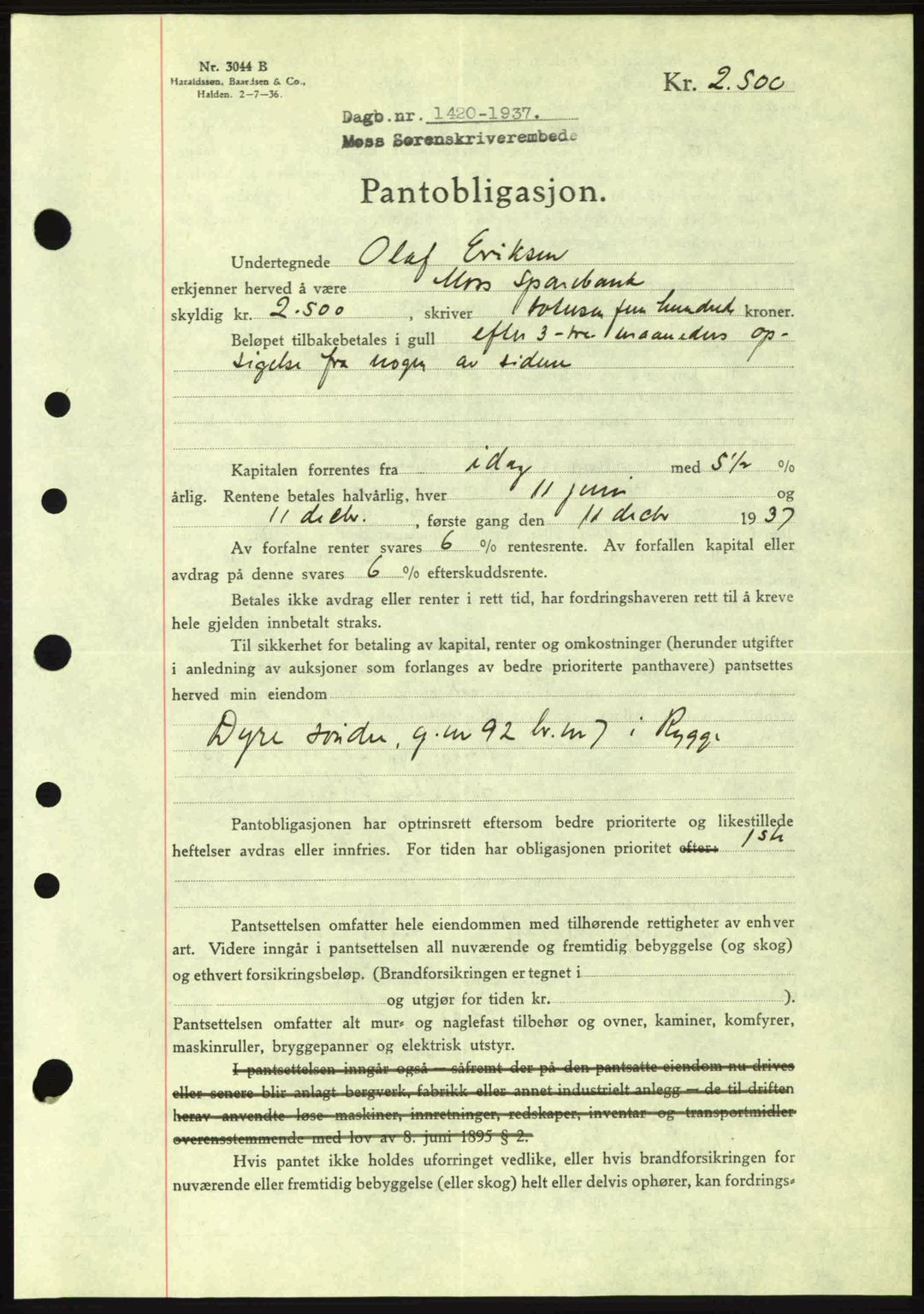 Moss sorenskriveri, SAO/A-10168: Pantebok nr. B4, 1937-1938, Dagboknr: 1420/1937