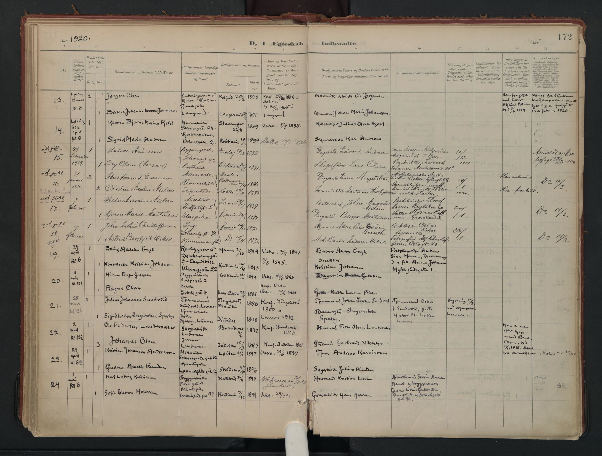 Vålerengen prestekontor Kirkebøker, AV/SAO-A-10878/F/Fa/L0002: Ministerialbok nr. 2, 1899-1924, s. 172