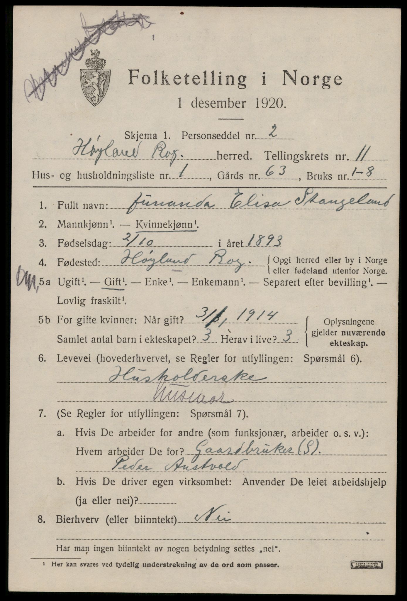 SAST, Folketelling 1920 for 1123 Høyland herred, 1920, s. 8668