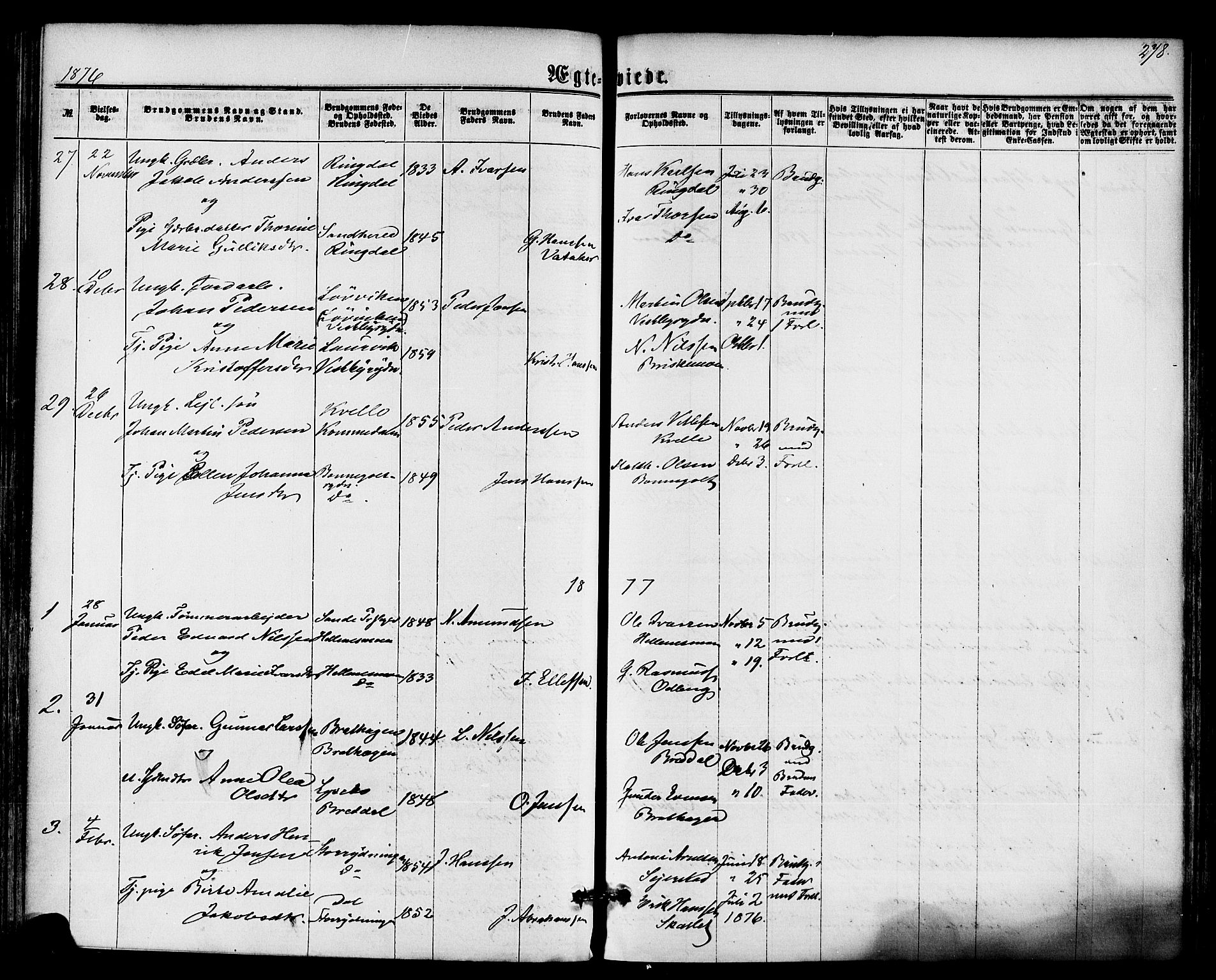 Hedrum kirkebøker, AV/SAKO-A-344/F/Fa/L0008: Ministerialbok nr. I 8, 1869-1880, s. 278