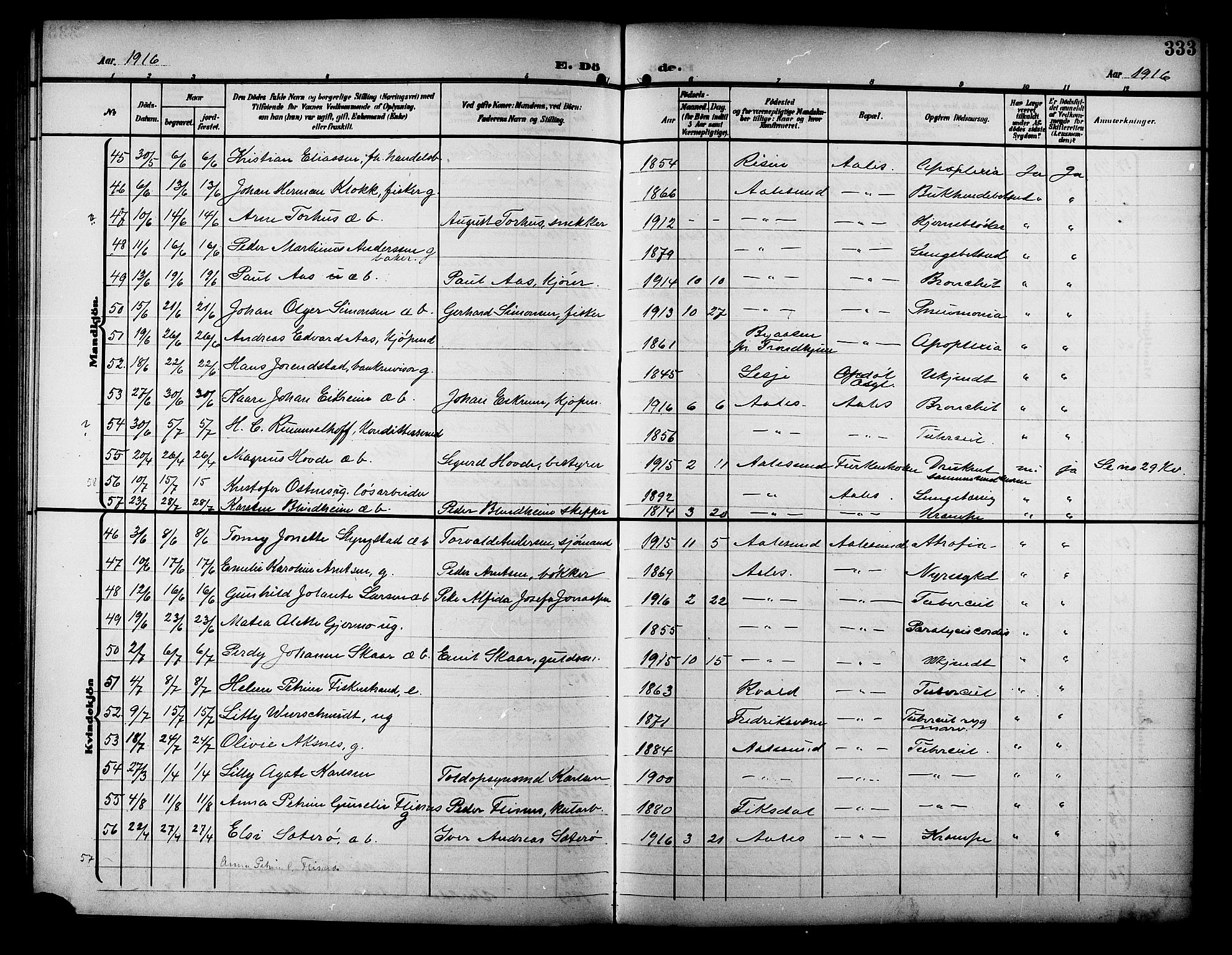 Ministerialprotokoller, klokkerbøker og fødselsregistre - Møre og Romsdal, AV/SAT-A-1454/529/L0470: Klokkerbok nr. 529C07, 1907-1917, s. 333