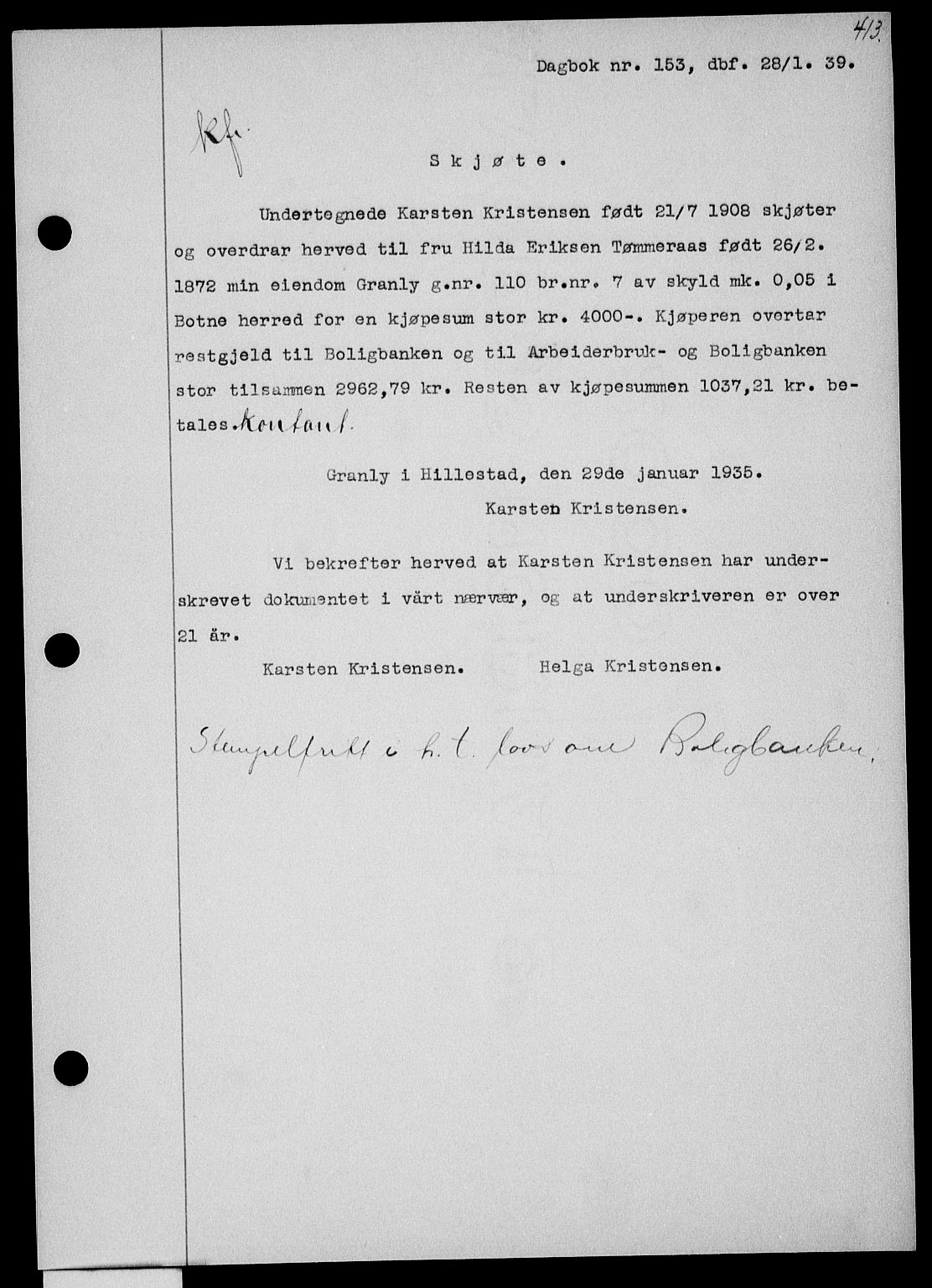 Holmestrand sorenskriveri, SAKO/A-67/G/Ga/Gaa/L0050: Pantebok nr. A-50, 1938-1939, Dagboknr: 153/1939