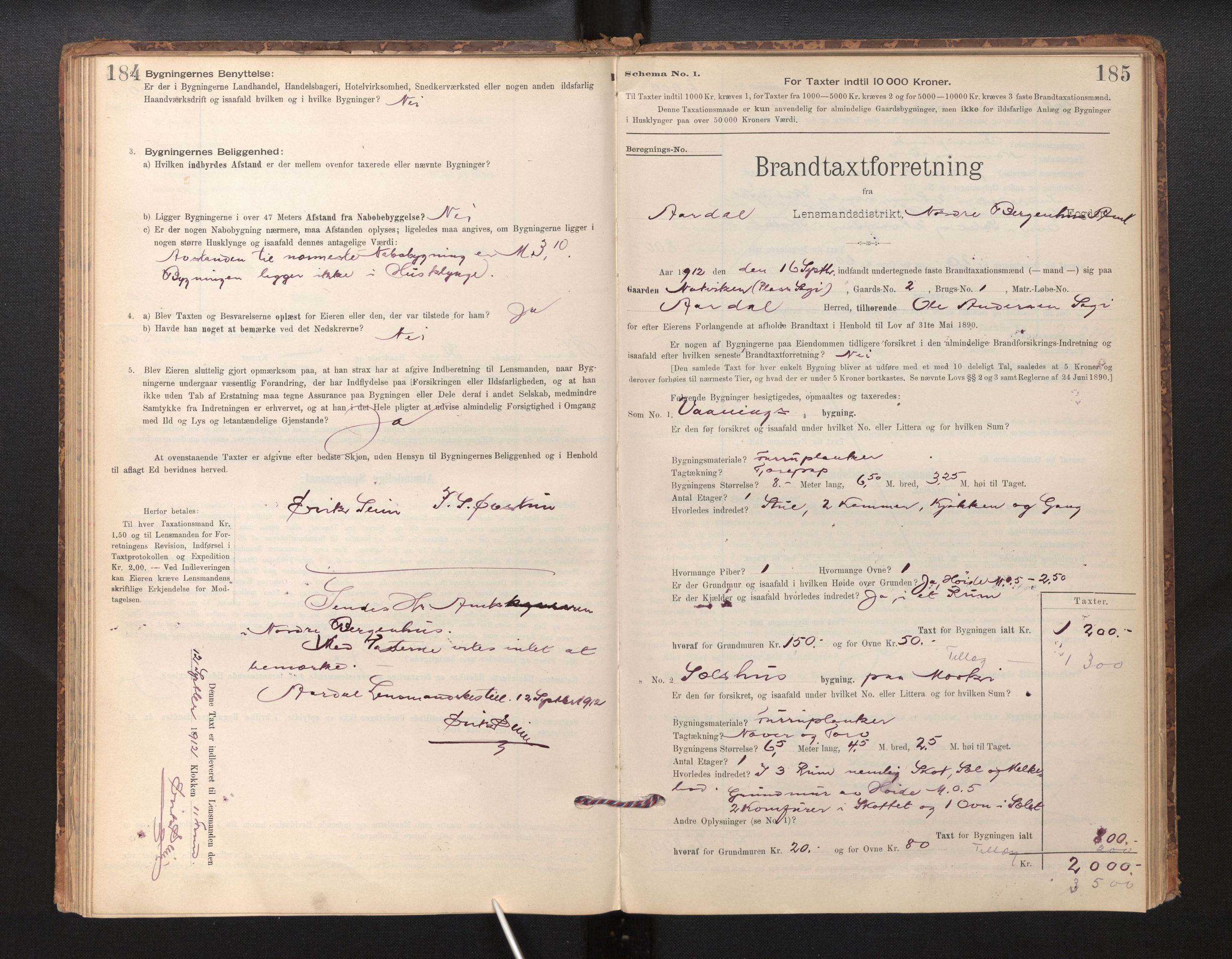 Lensmannen i Årdal, SAB/A-30501/0012/L0008: Branntakstprotokoll, skjematakst, 1895-1915, s. 184-185