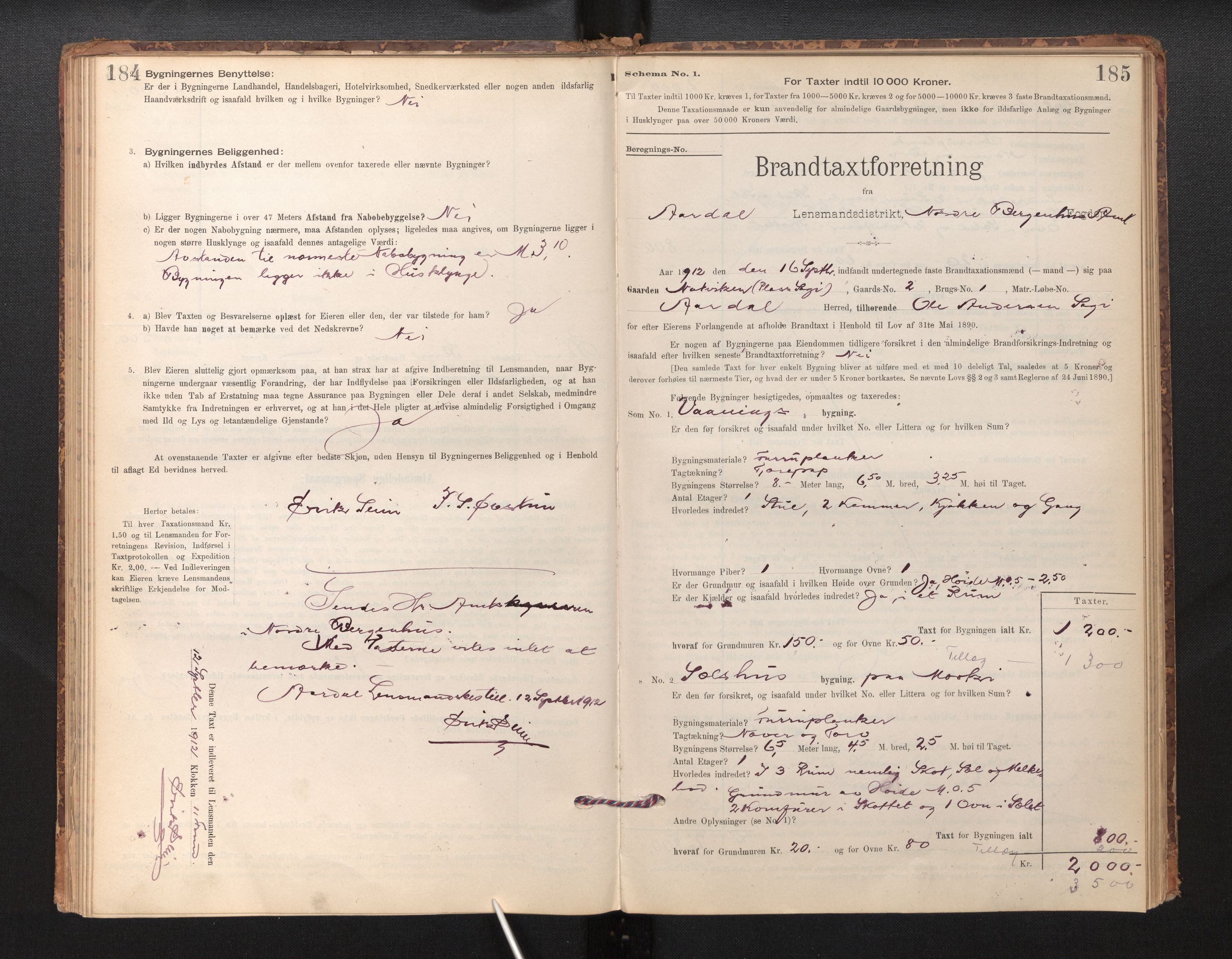 Lensmannen i Årdal, AV/SAB-A-30501/0012/L0008: Branntakstprotokoll, skjematakst, 1895-1915, s. 184-185