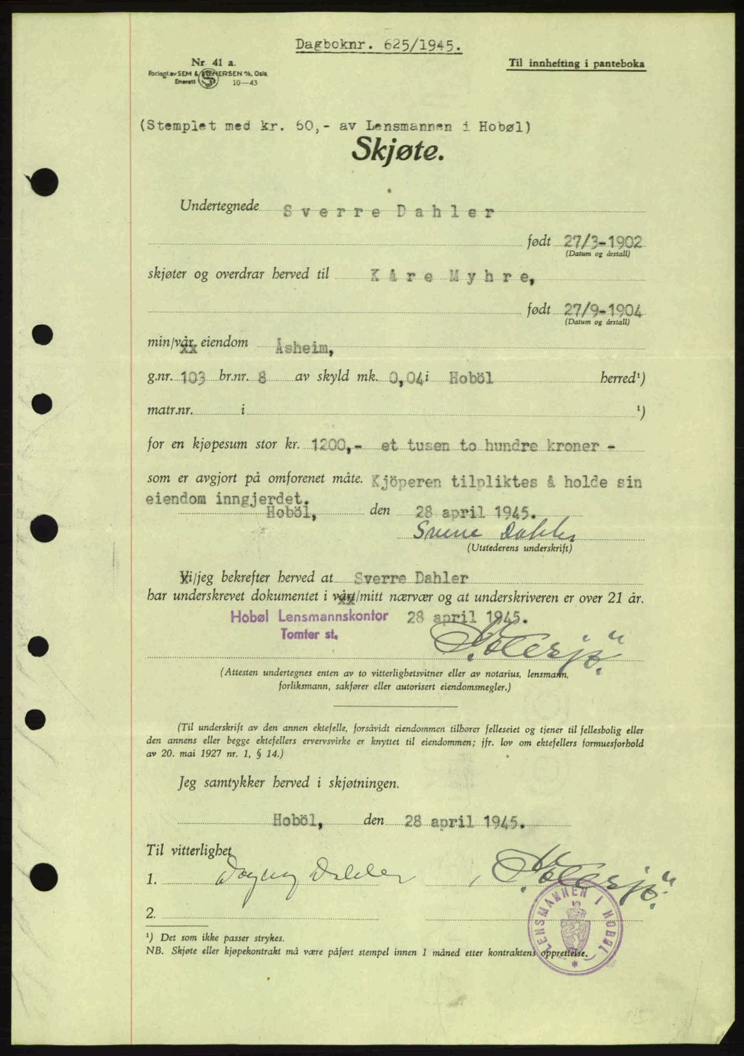 Moss sorenskriveri, SAO/A-10168: Pantebok nr. A13, 1944-1945, Dagboknr: 625/1945