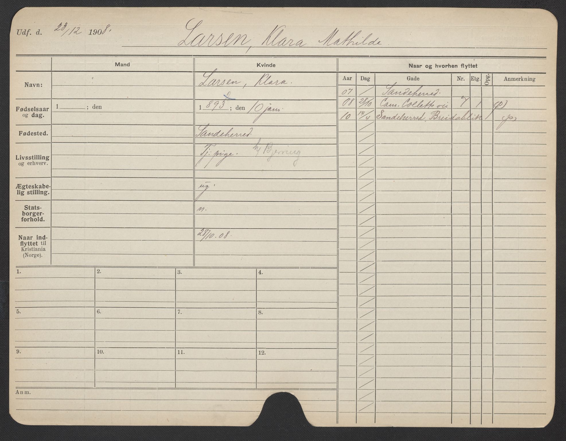 Oslo folkeregister, Registerkort, AV/SAO-A-11715/F/Fa/Fac/L0019: Kvinner, 1906-1914, s. 1014a