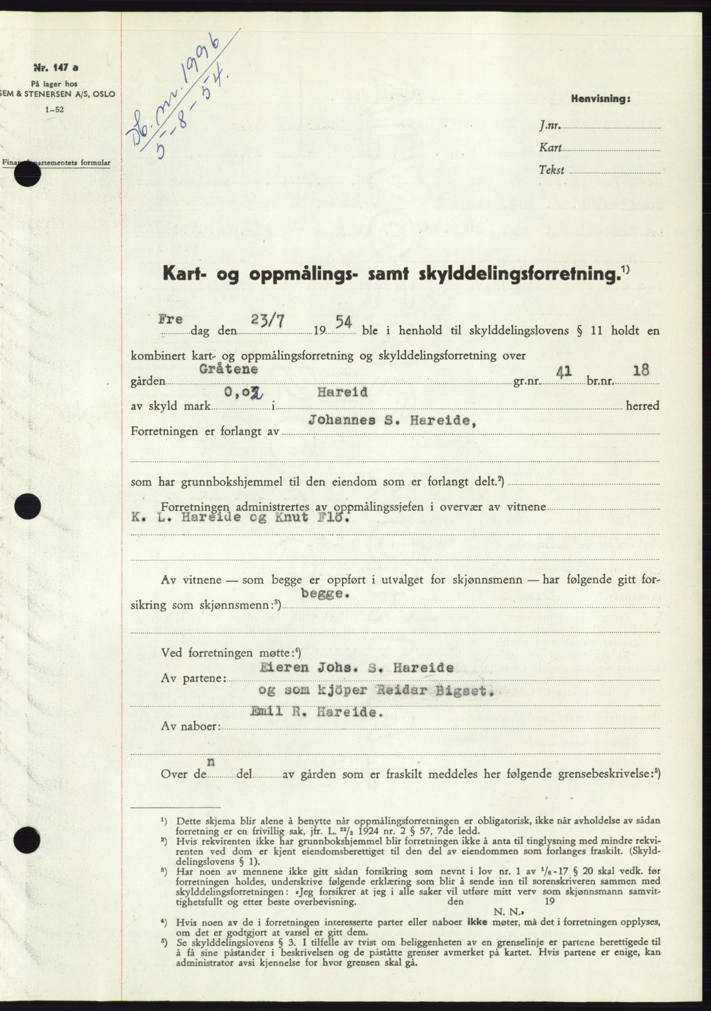 Søre Sunnmøre sorenskriveri, SAT/A-4122/1/2/2C/L0098: Pantebok nr. 24A, 1954-1954, Dagboknr: 1996/1954