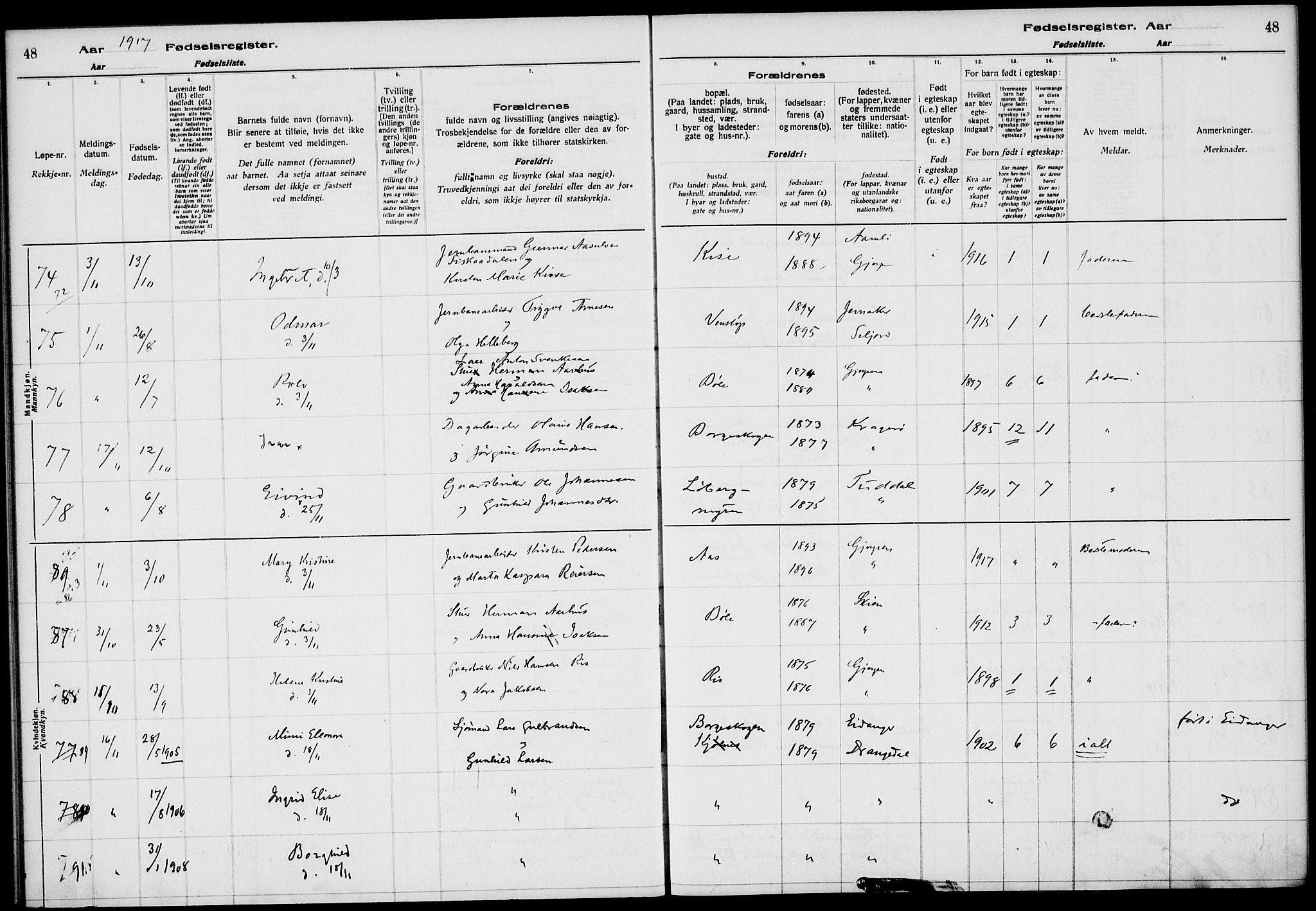 Gjerpen kirkebøker, AV/SAKO-A-265/J/Ja/L0001: Fødselsregister nr. I 1, 1916-1926, s. 48