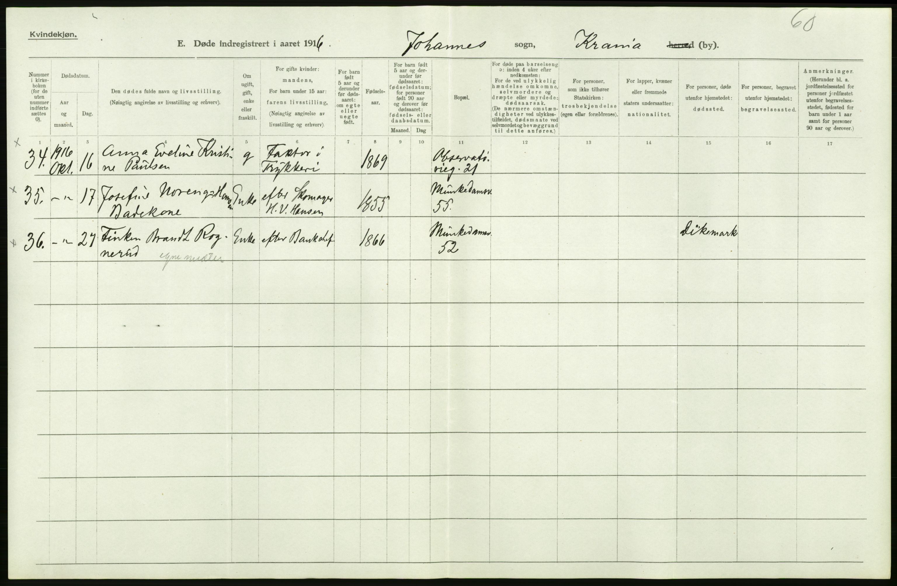 Statistisk sentralbyrå, Sosiodemografiske emner, Befolkning, AV/RA-S-2228/D/Df/Dfb/Dfbf/L0010: Kristiania: Døde, dødfødte., 1916, s. 454