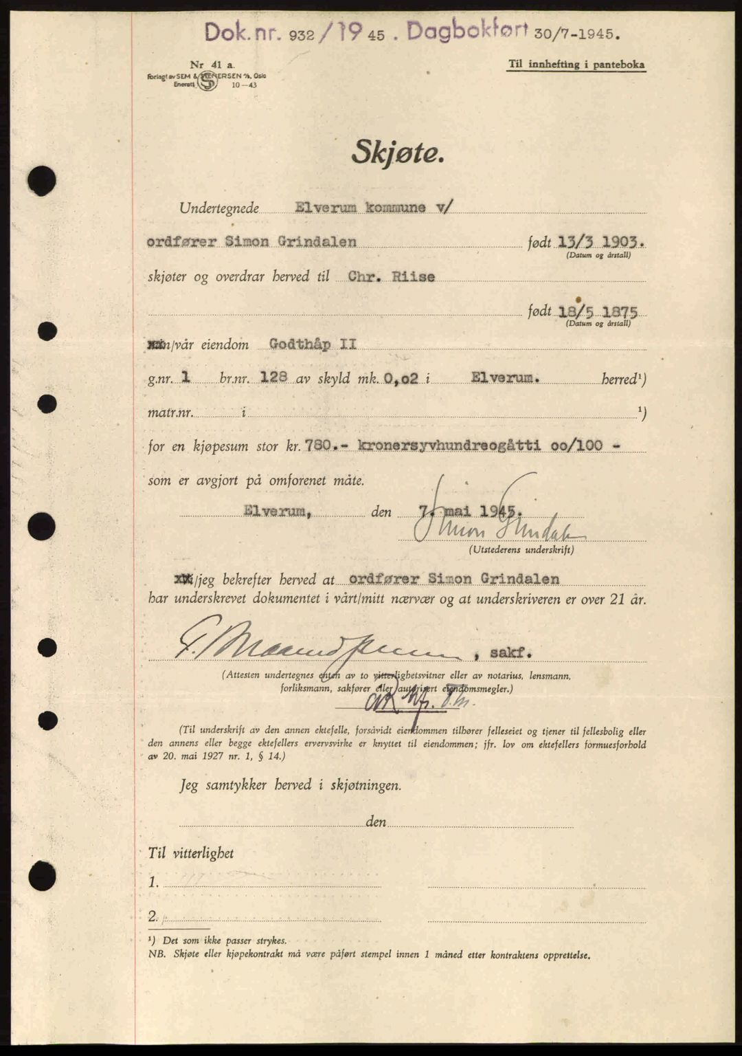 Sør-Østerdal sorenskriveri, AV/SAH-TING-018/H/Hb/Hbb/L0073: Pantebok nr. A73, 1945-1946, Dagboknr: 932/1945