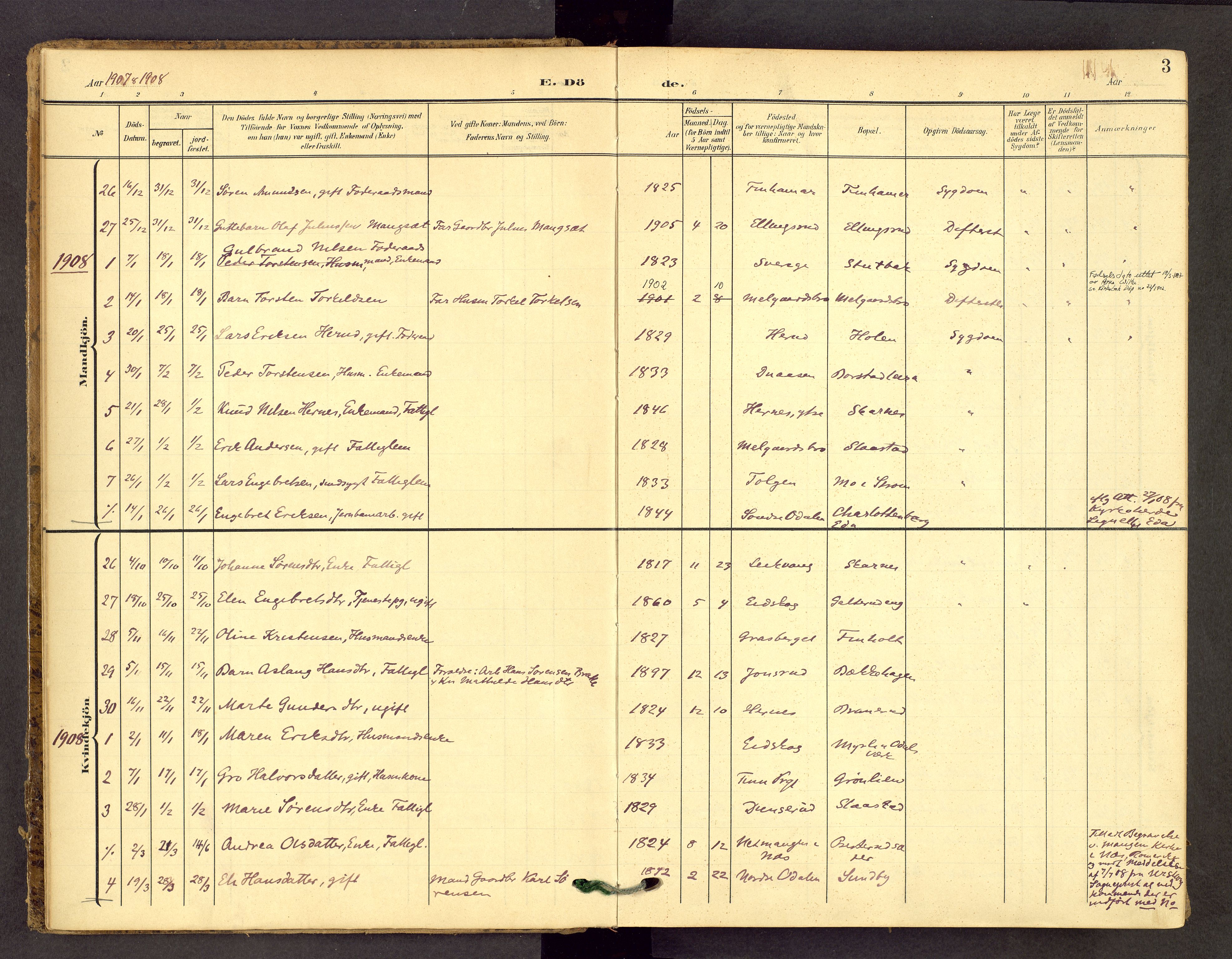 Sør-Odal prestekontor, SAH/PREST-030/H/Ha/Haa/L0010: Ministerialbok nr. 10, 1907-1968, s. 3