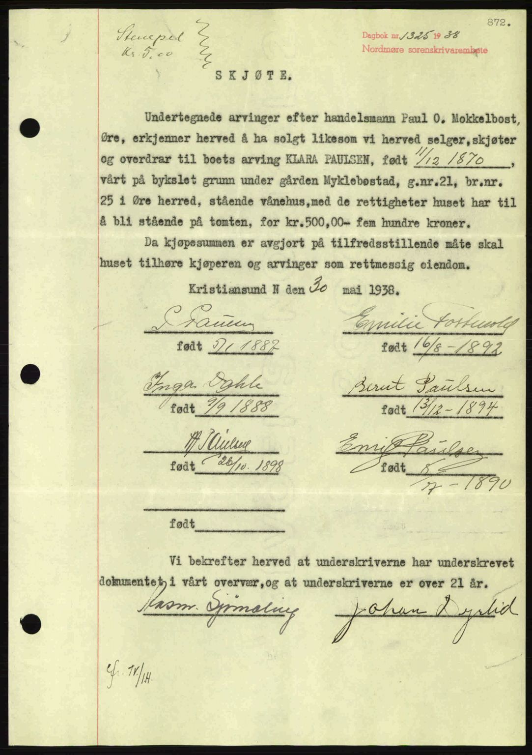 Nordmøre sorenskriveri, SAT/A-4132/1/2/2Ca: Pantebok nr. A83, 1938-1938, Dagboknr: 1325/1938