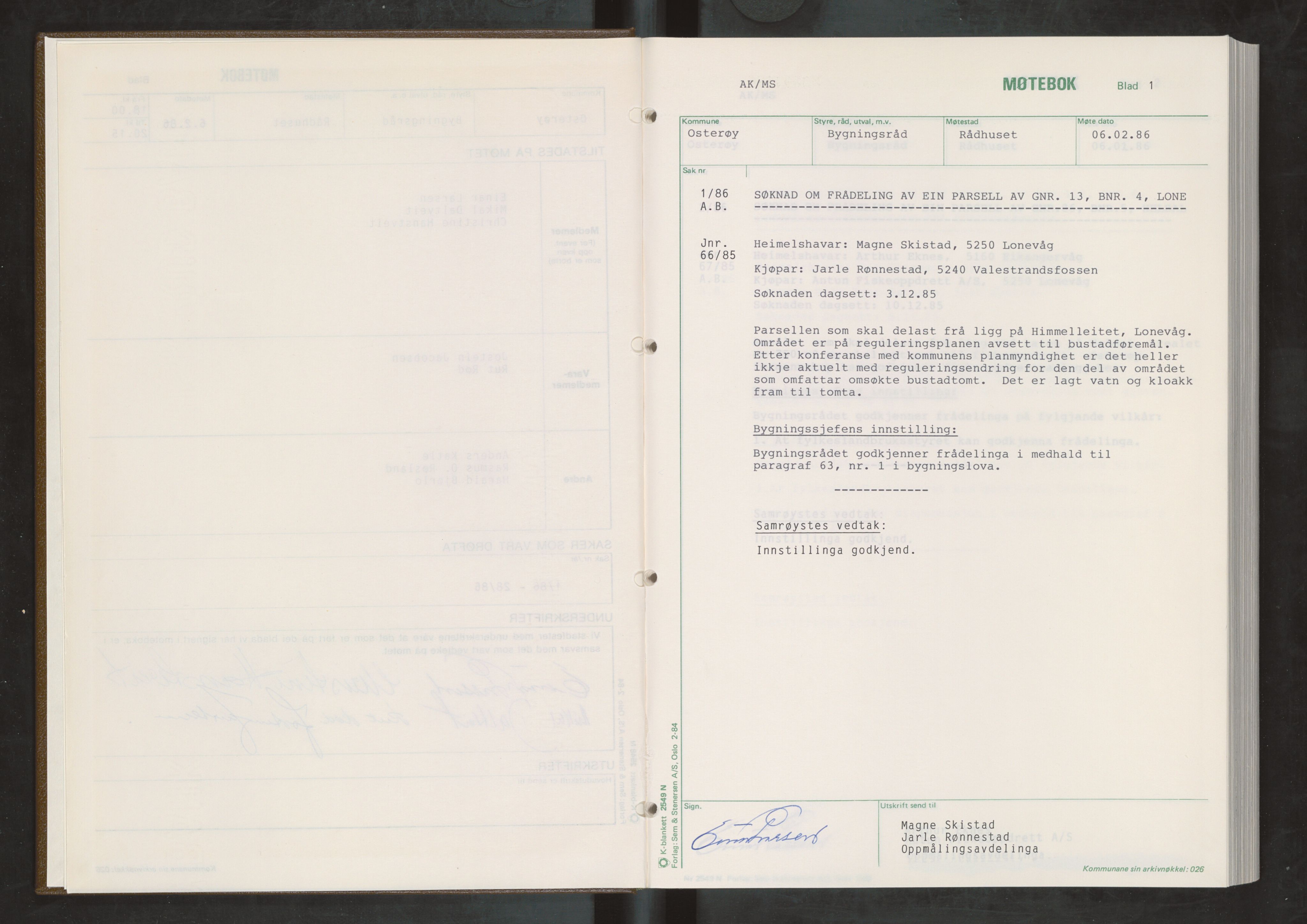 Osterøy kommune. Bygningsrådet, IKAH/1253b-511/A/Aa/L0019: Møtebok Osterøy bygningsråd, 1986