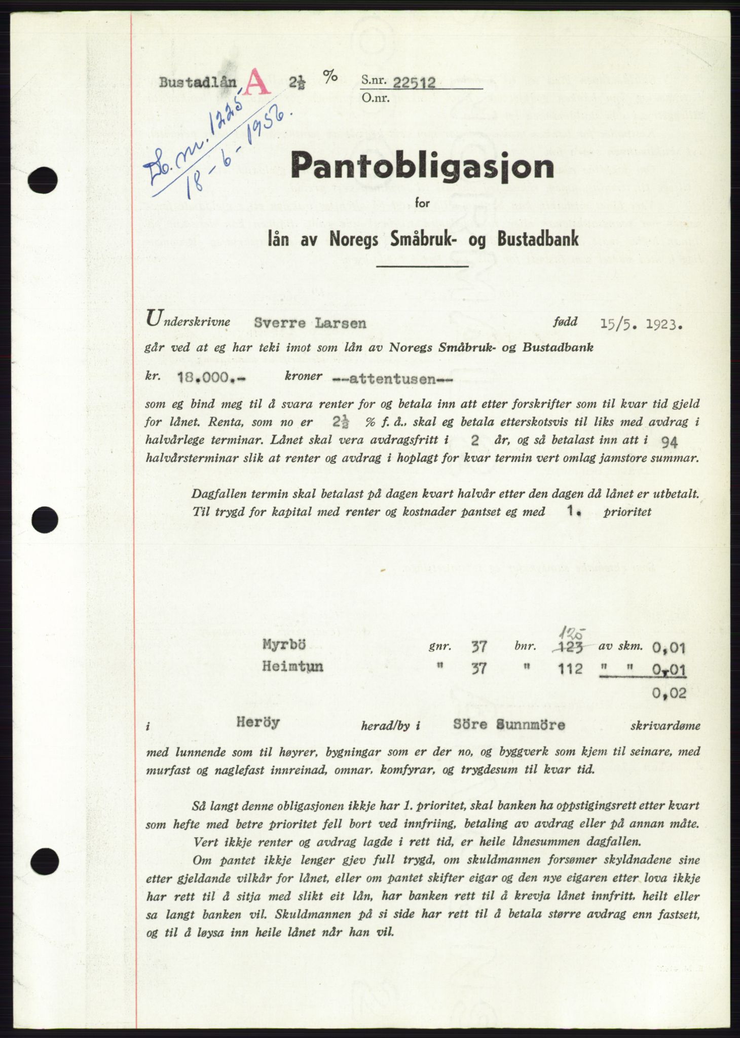 Søre Sunnmøre sorenskriveri, SAT/A-4122/1/2/2C/L0128: Pantebok nr. 16B, 1956-1956, Dagboknr: 1225/1956