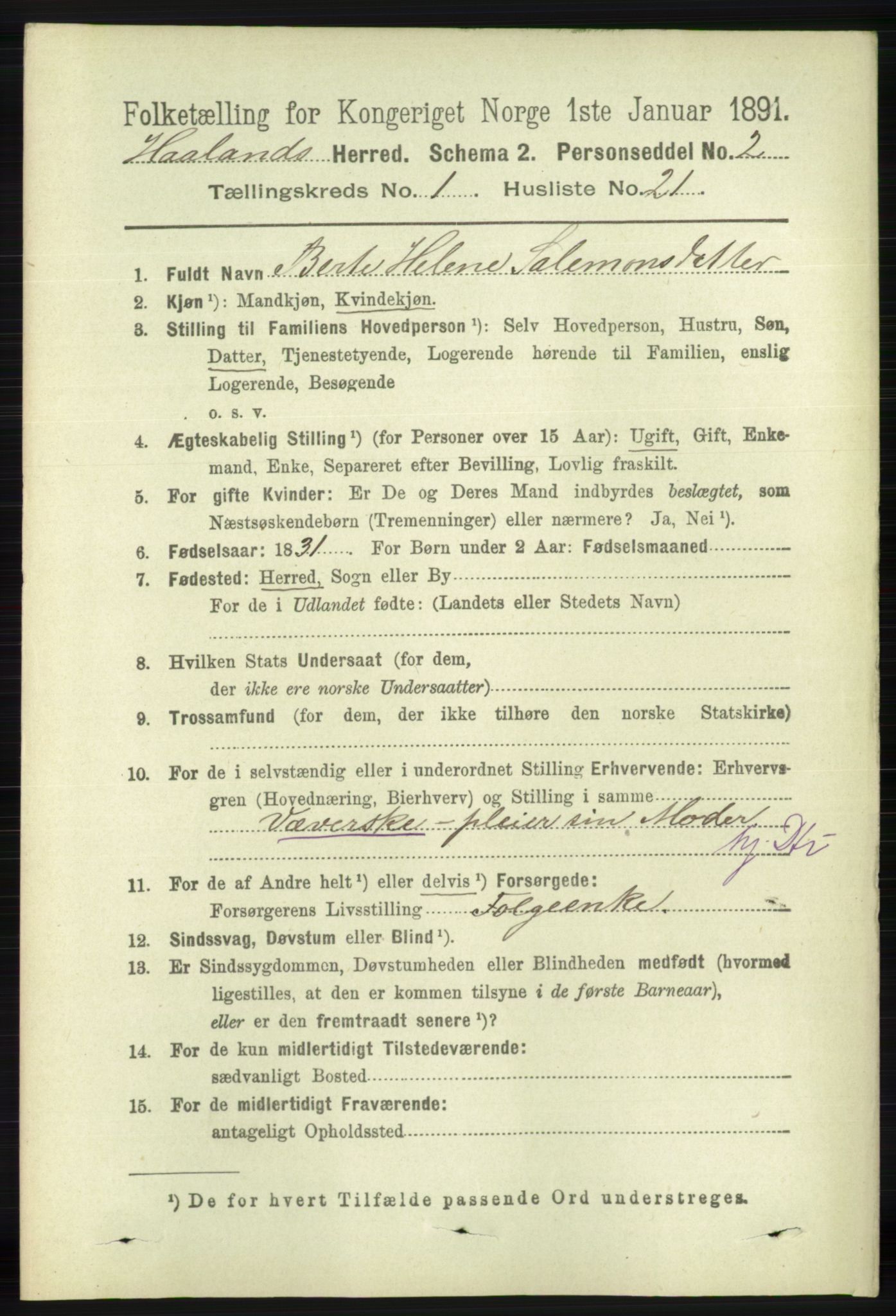 RA, Folketelling 1891 for 1124 Haaland herred, 1891, s. 263