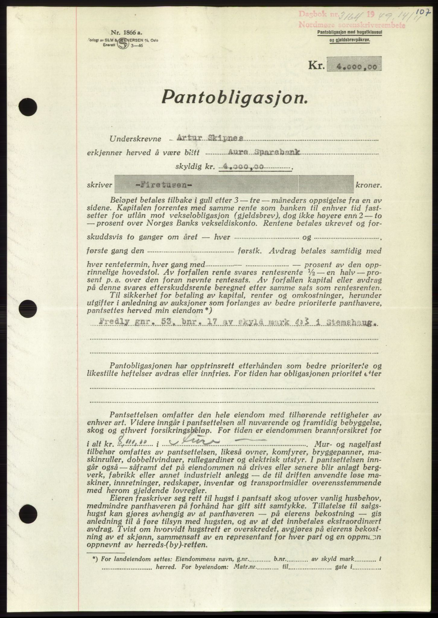 Nordmøre sorenskriveri, AV/SAT-A-4132/1/2/2Ca: Pantebok nr. B103, 1949-1950, Dagboknr: 3164/1949