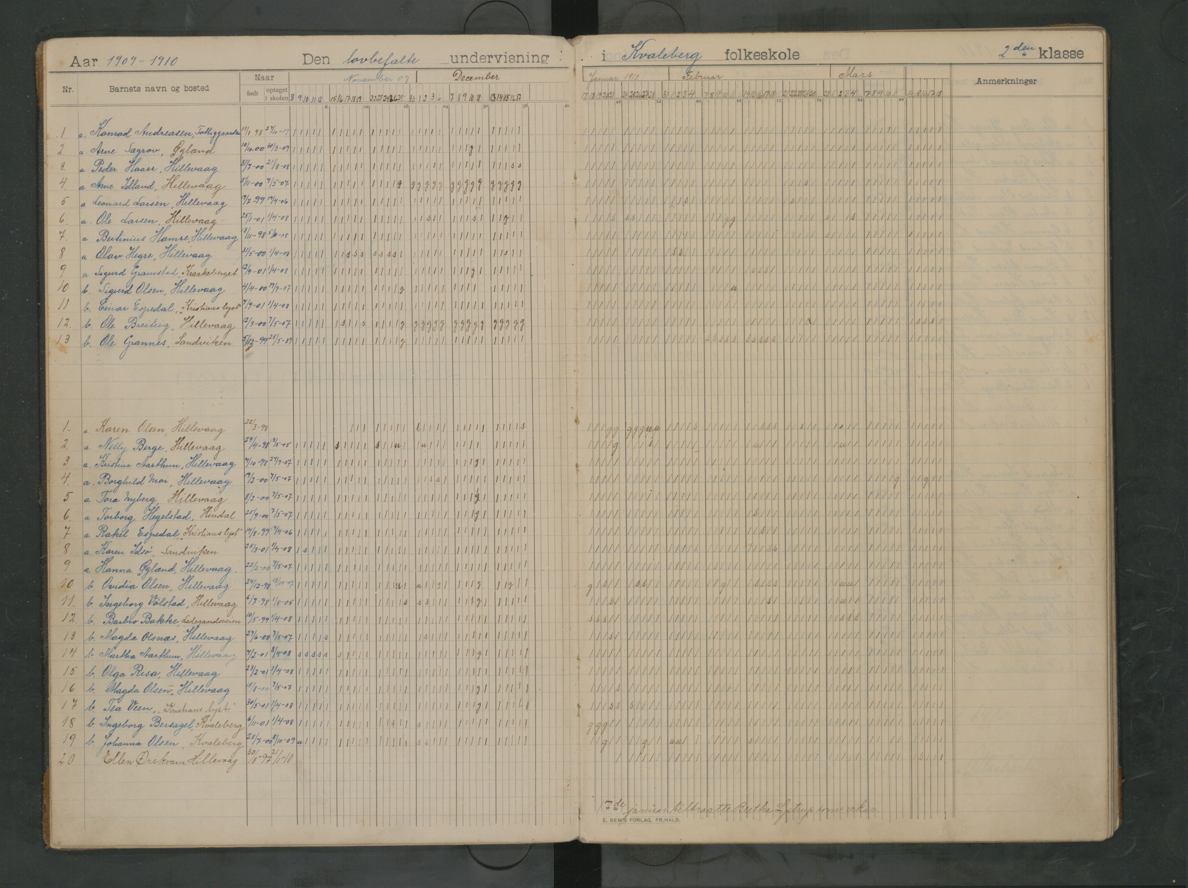 Hetland kommune. Kvaleberg skole, BYST/A-0145/G/Ga/L0007: Klassedagbok, 1909-1919