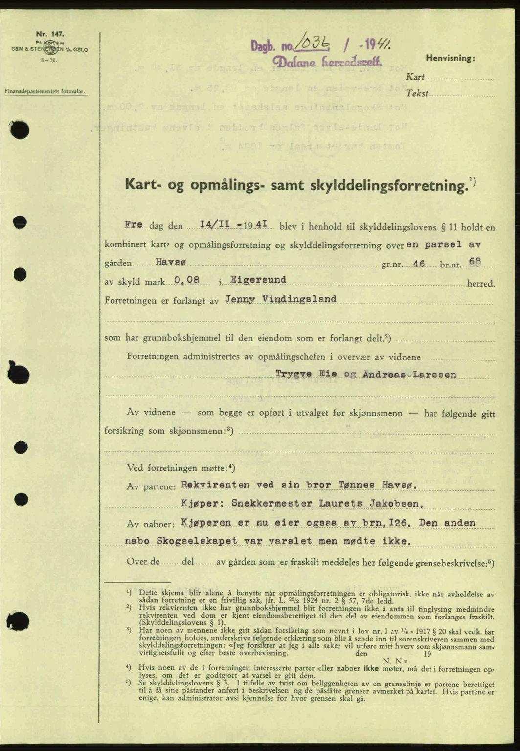 Dalane sorenskriveri, SAST/A-100309/02/G/Gb/L0045: Pantebok nr. A6, 1941-1942, Dagboknr: 1036/1941