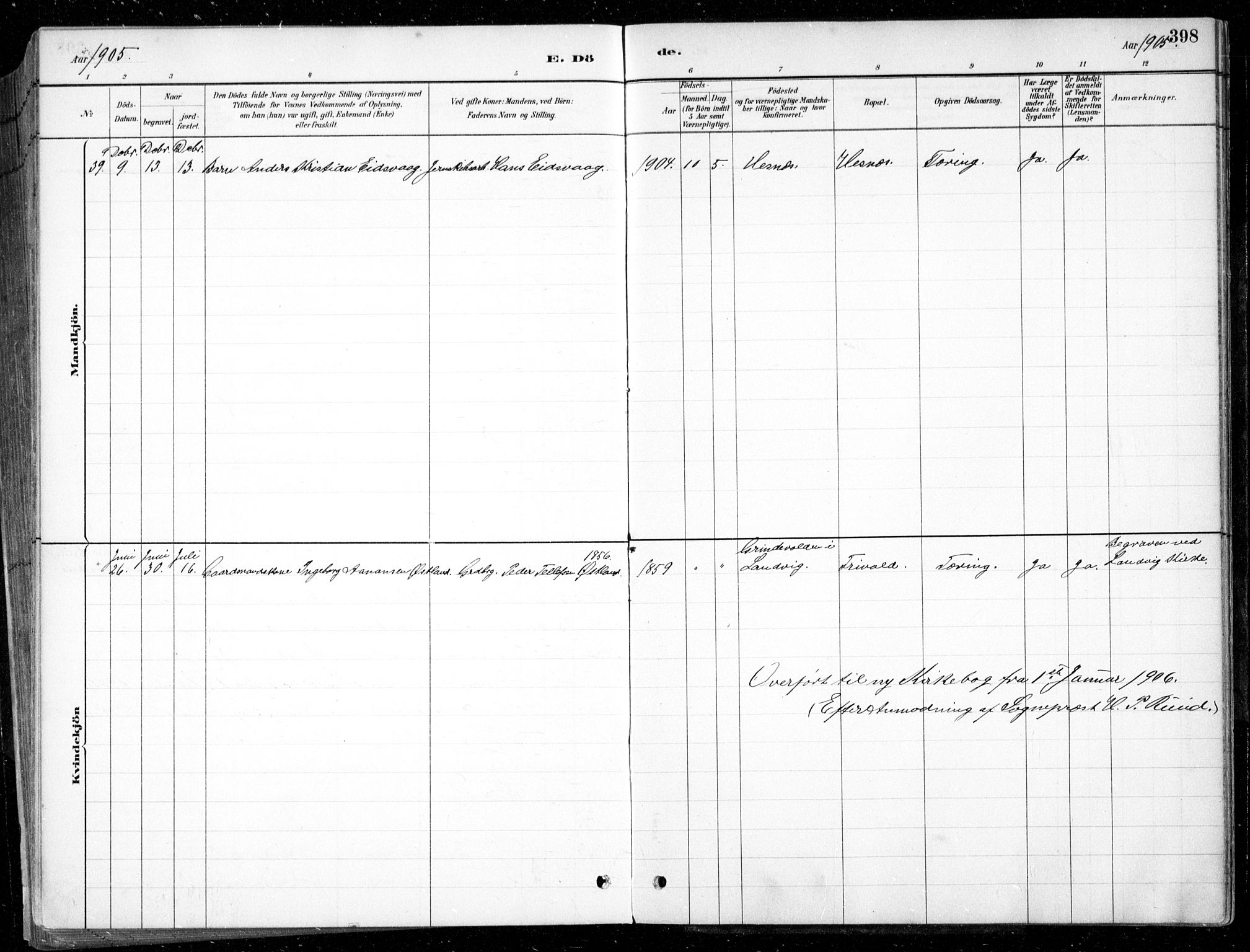 Fjære sokneprestkontor, AV/SAK-1111-0011/F/Fb/L0011: Klokkerbok nr. B 11, 1881-1905, s. 398
