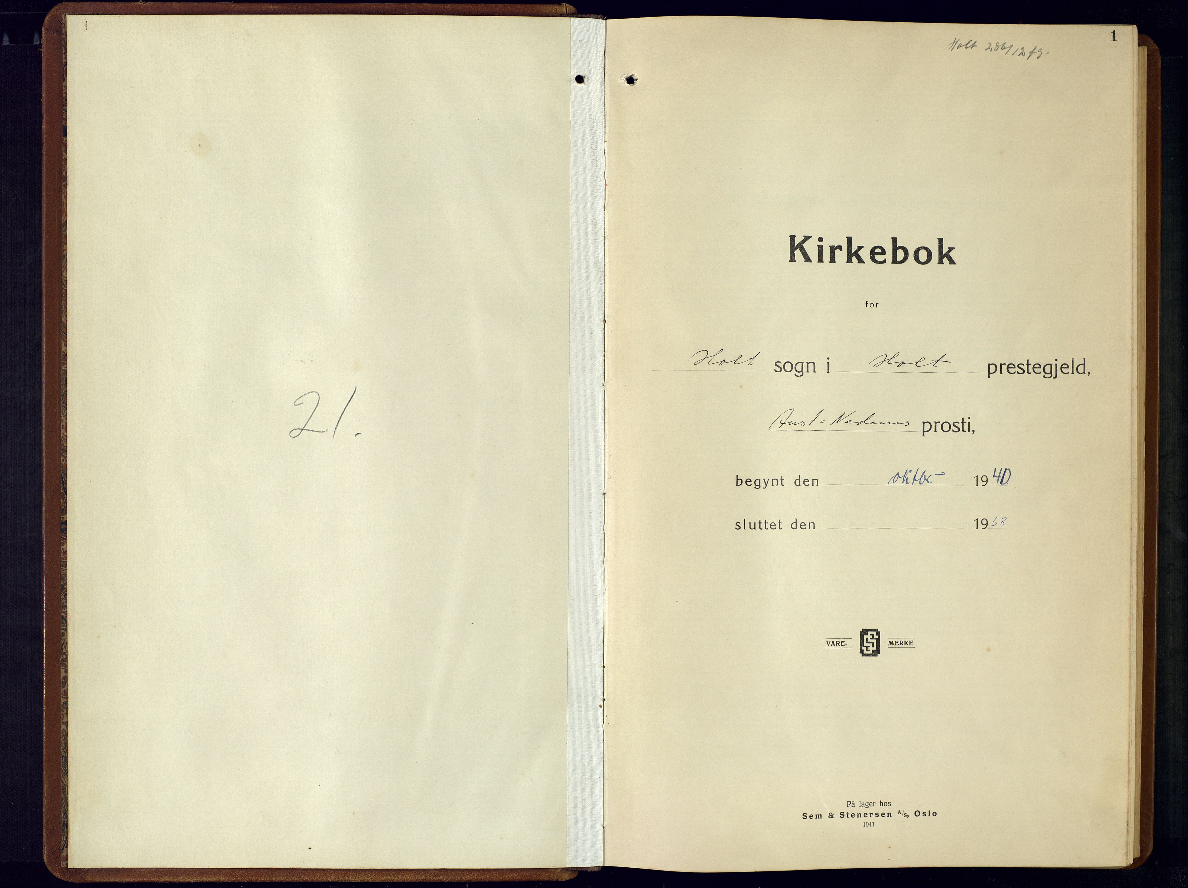 Holt sokneprestkontor, SAK/1111-0021/F/Fb/L0013: Klokkerbok nr. B-13, 1940-1958, s. 1