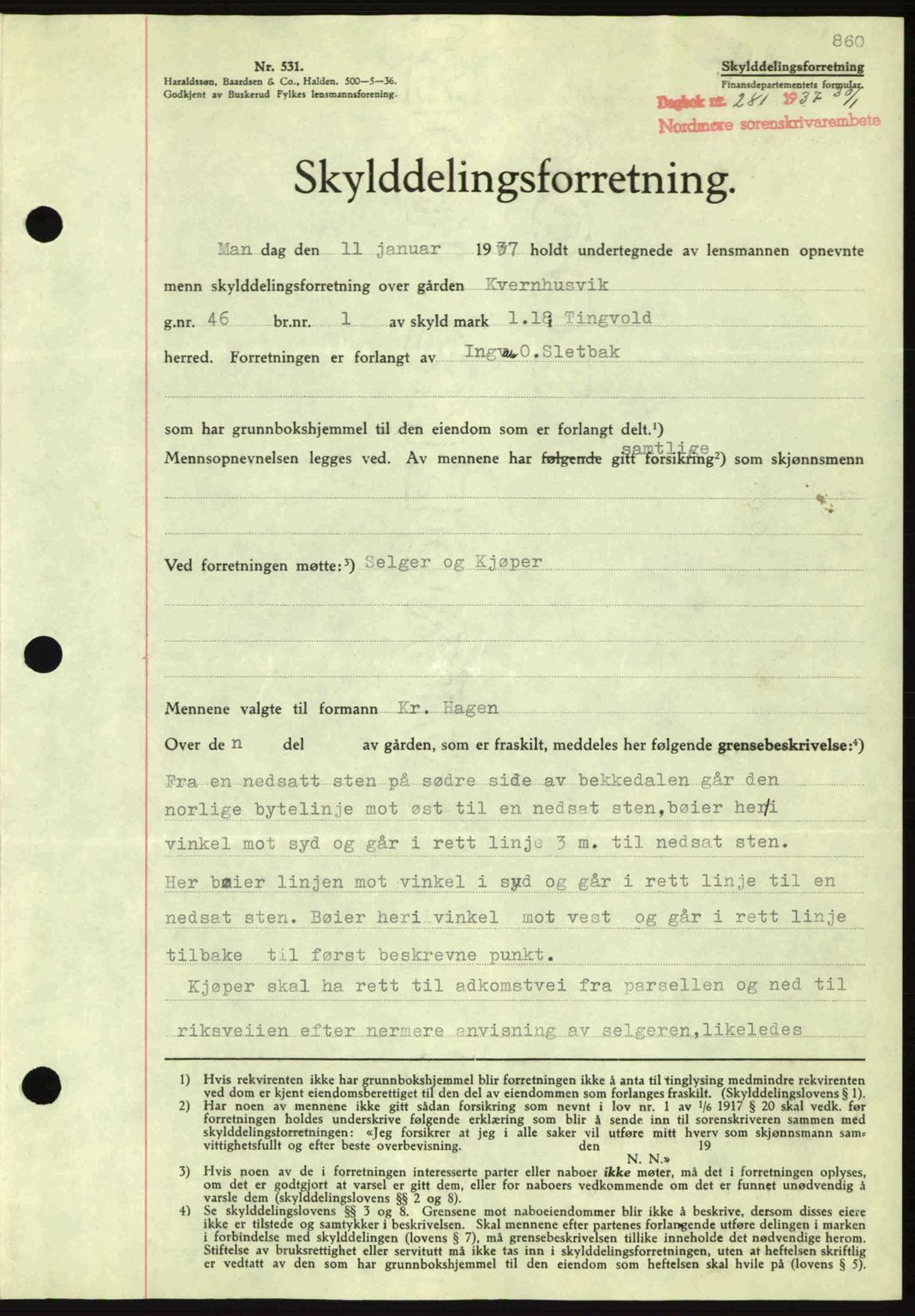 Nordmøre sorenskriveri, SAT/A-4132/1/2/2Ca: Pantebok nr. A80, 1936-1937, Dagboknr: 281/1937