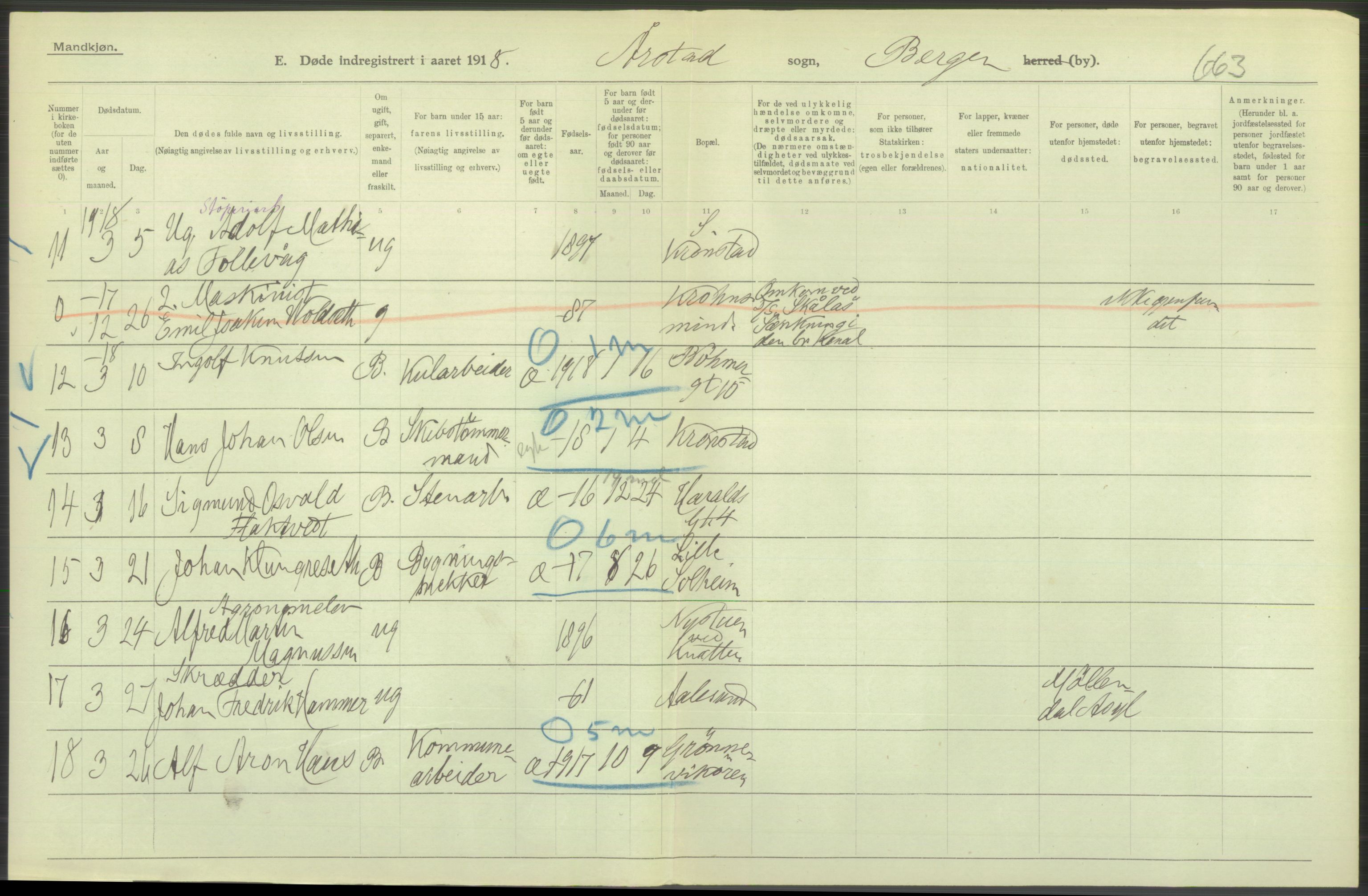 Statistisk sentralbyrå, Sosiodemografiske emner, Befolkning, AV/RA-S-2228/D/Df/Dfb/Dfbh/L0039: Bergen: Døde., 1918, s. 146