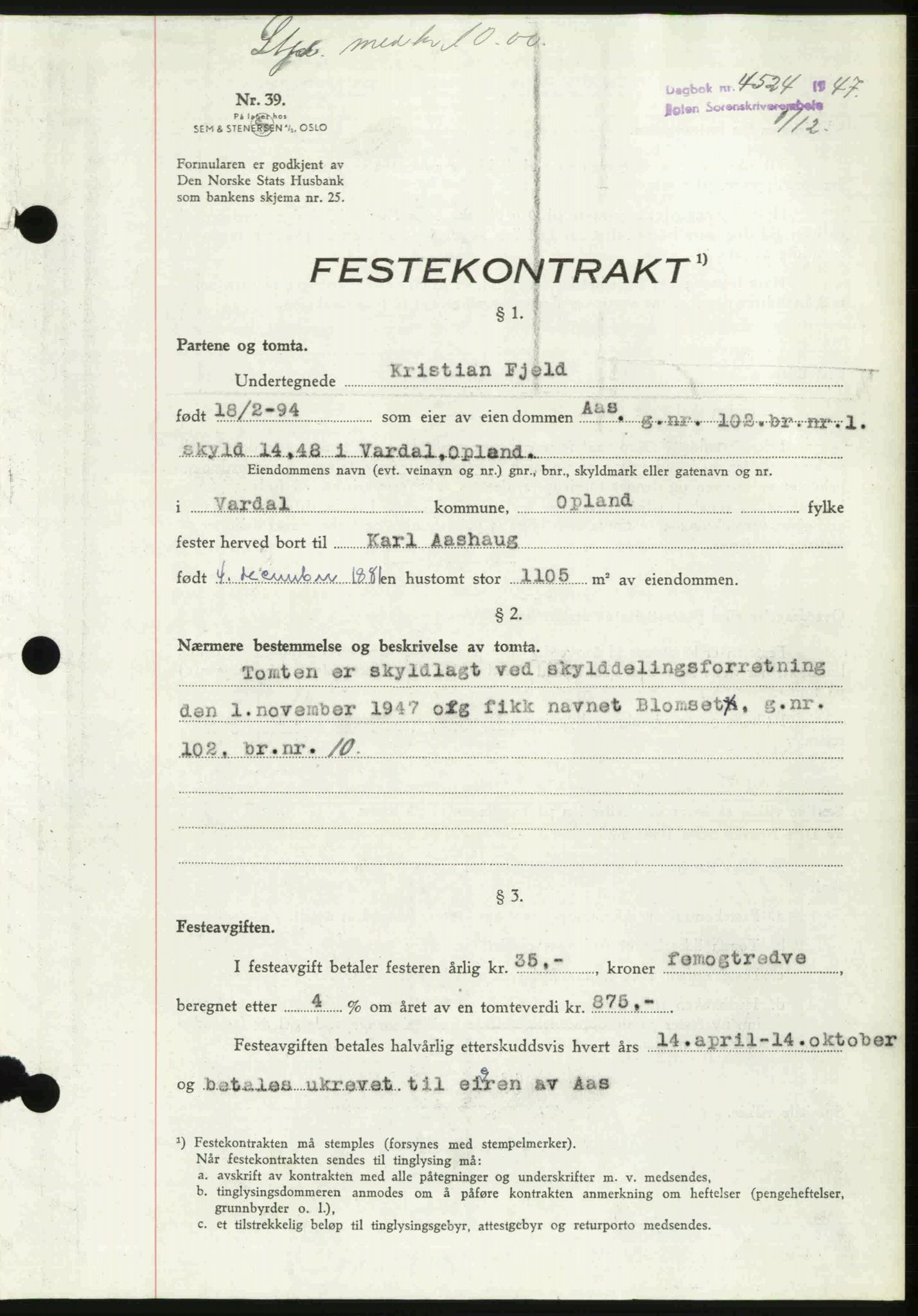 Toten tingrett, AV/SAH-TING-006/H/Hb/Hbc/L0019: Pantebok nr. Hbc-19, 1947-1948, Dagboknr: 4524/1947
