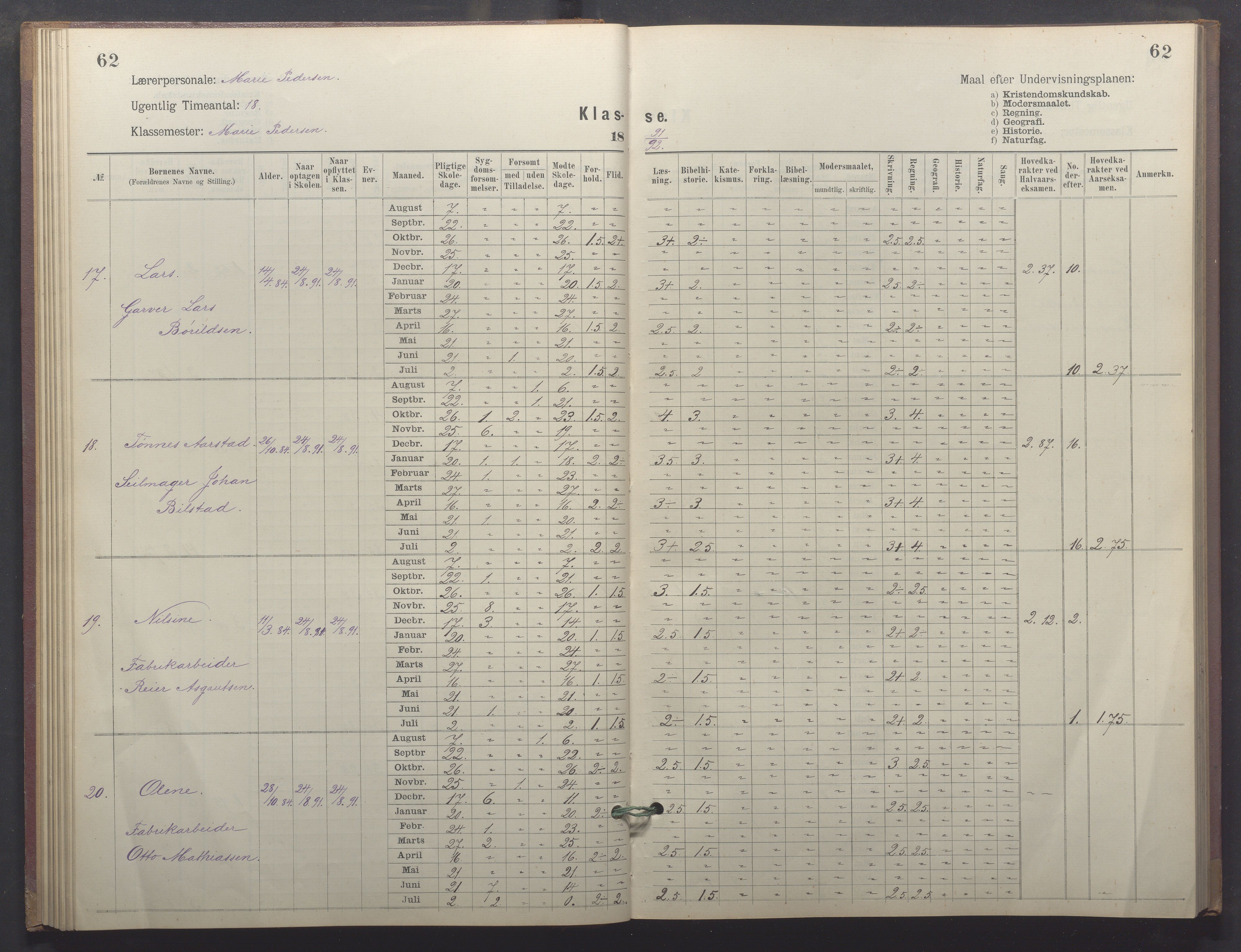 Egersund kommune (Ladested) - Egersund almueskole/folkeskole, IKAR/K-100521/H/L0026: Skoleprotokoll - Almueskolen, 1. klasse, 1889-1893, s. 62