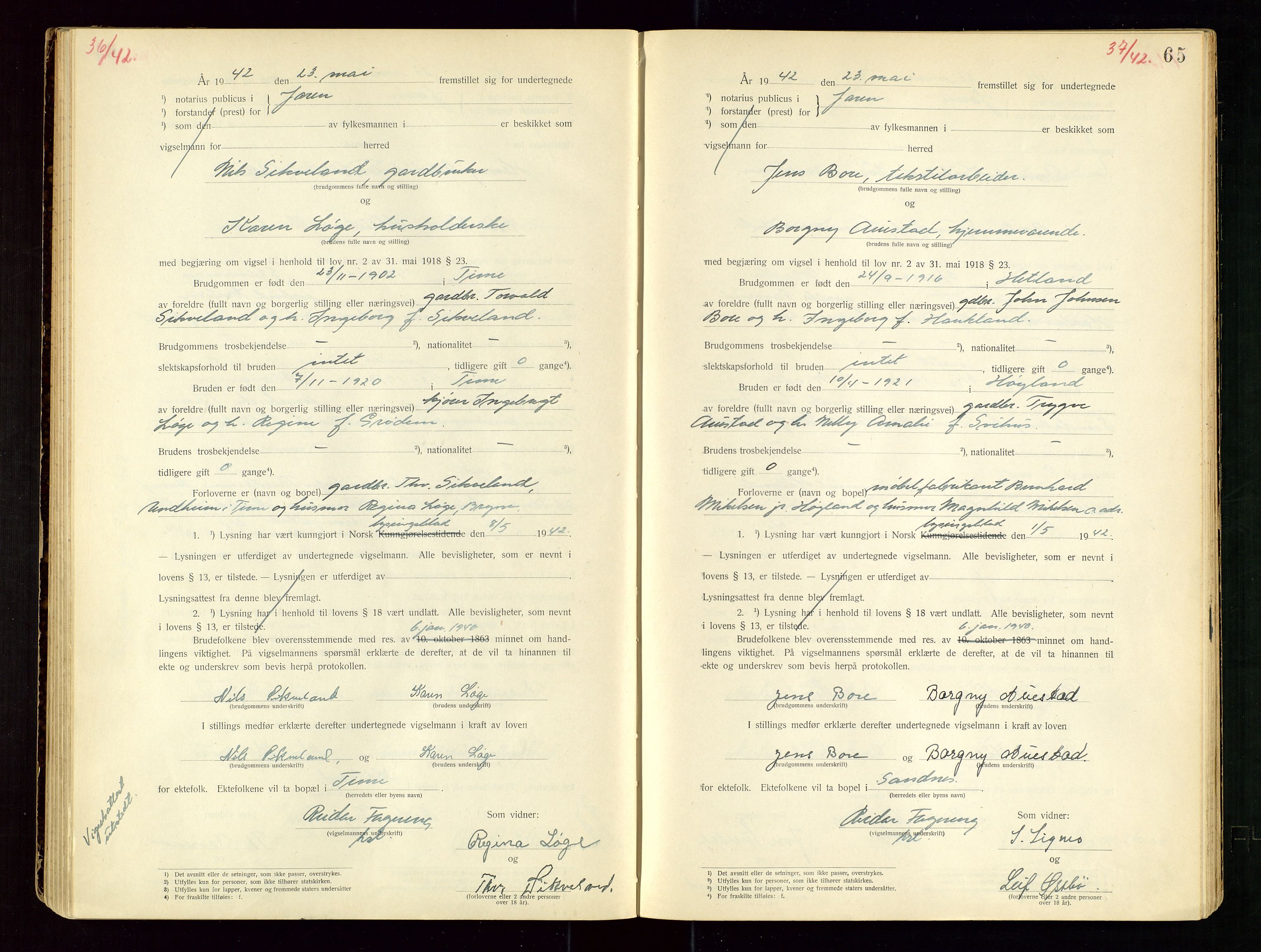Jæren sorenskriveri, AV/SAST-A-100310/01/6/62/62BA/L0002: VIGSELSPROTOKOLL, 1937-1942, s. 65