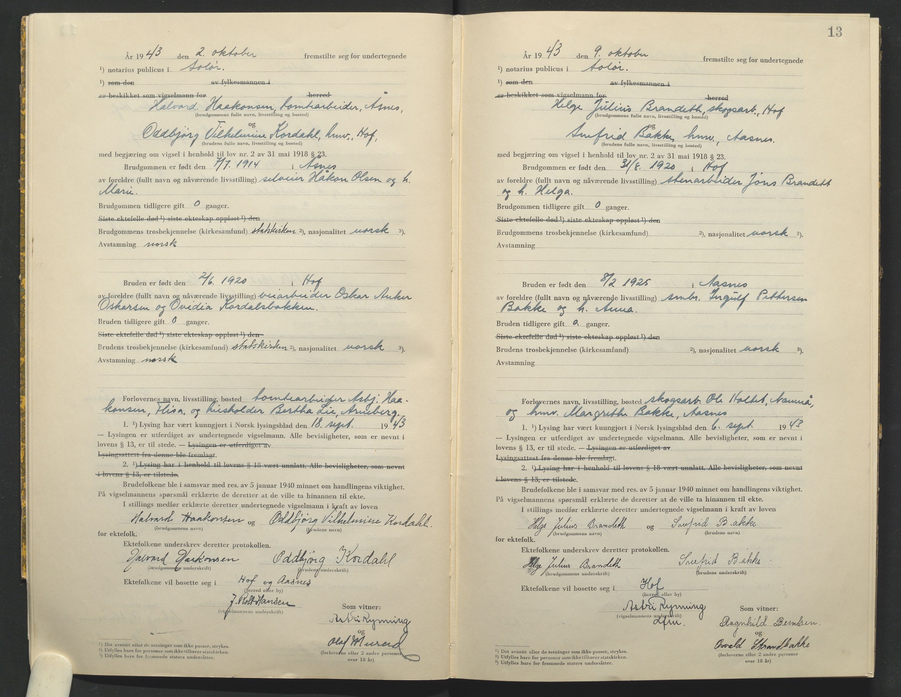 Solør tingrett, AV/SAH-TING-008/L/Lb/L0002: Vigselprotokoll, 1943-1944, s. 13