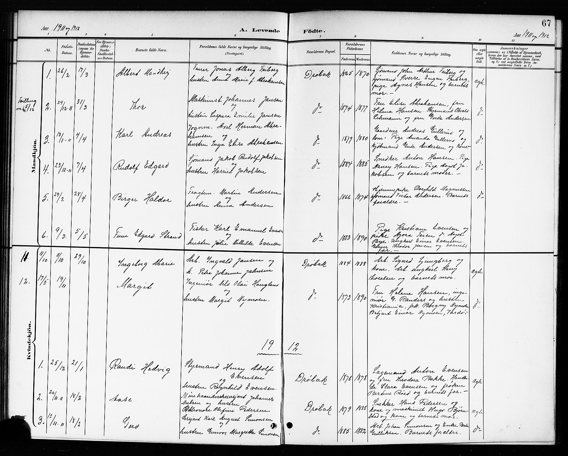 Drøbak prestekontor Kirkebøker, AV/SAO-A-10142a/G/Ga/L0001: Klokkerbok nr. I 1, 1897-1917, s. 67