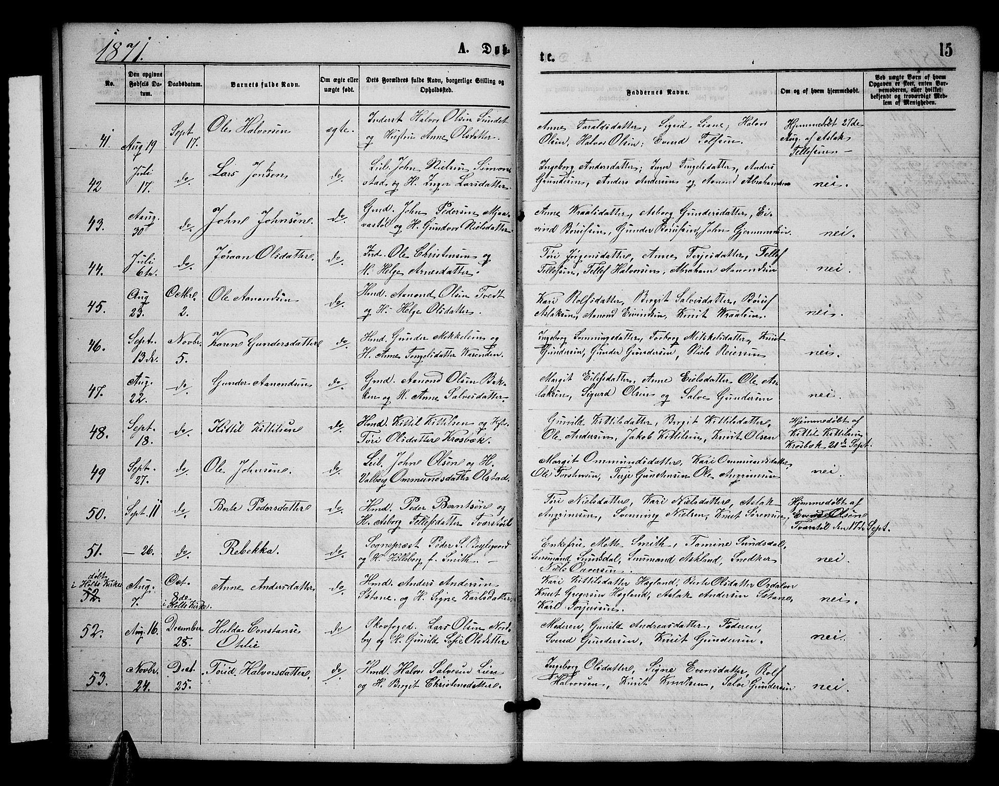 Åmli sokneprestkontor, AV/SAK-1111-0050/F/Fb/Fbc/L0003: Klokkerbok nr. B 3, 1868-1888, s. 15