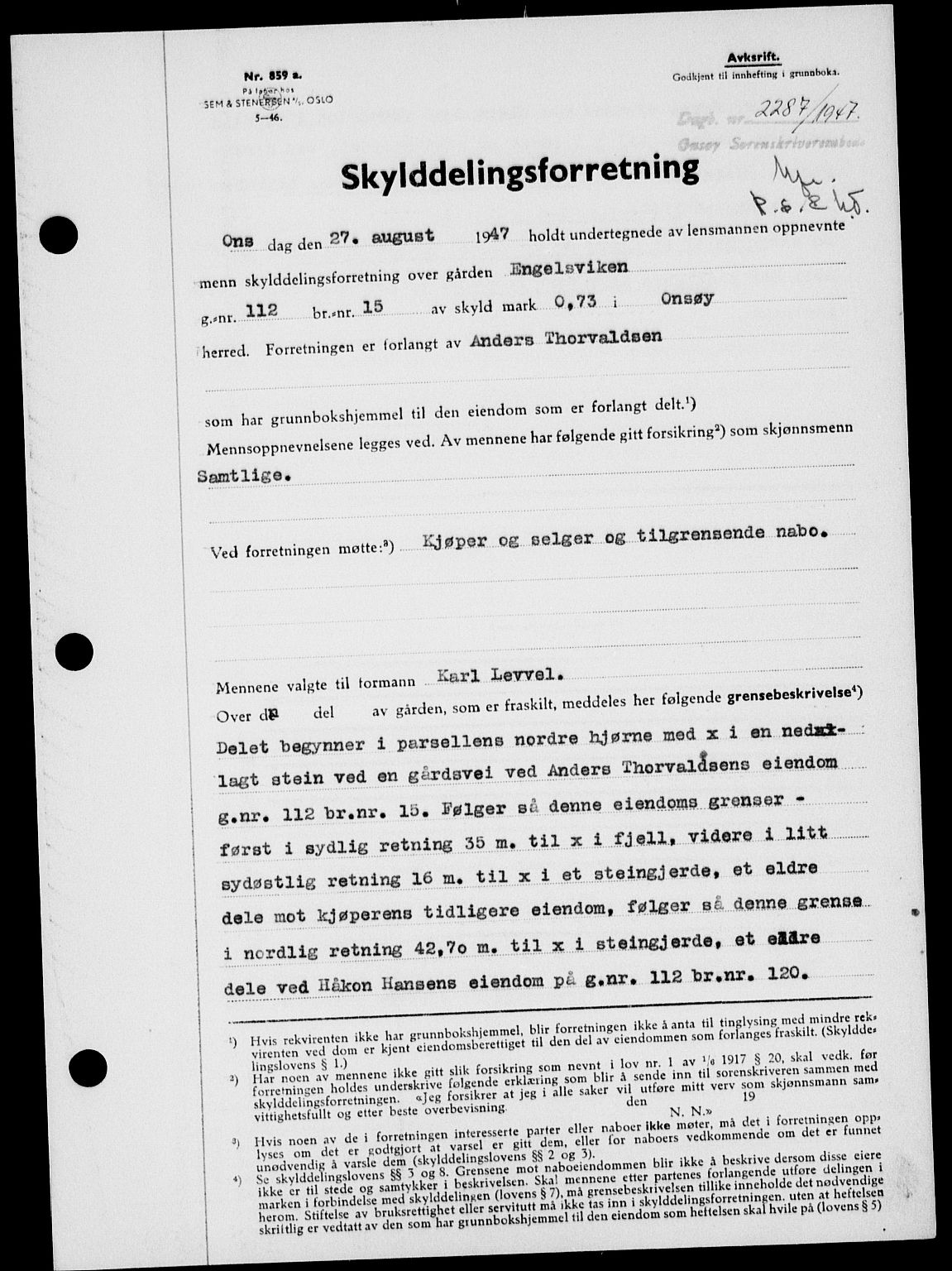 Onsøy sorenskriveri, SAO/A-10474/G/Ga/Gab/L0021: Pantebok nr. II A-21, 1947-1947, Dagboknr: 2287/1947