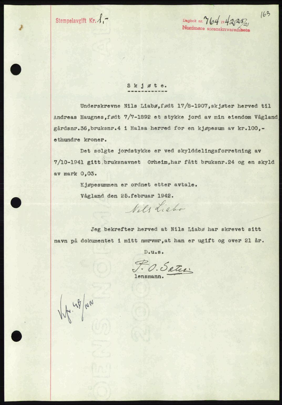 Nordmøre sorenskriveri, SAT/A-4132/1/2/2Ca: Pantebok nr. A92, 1942-1942, Dagboknr: 764/1942