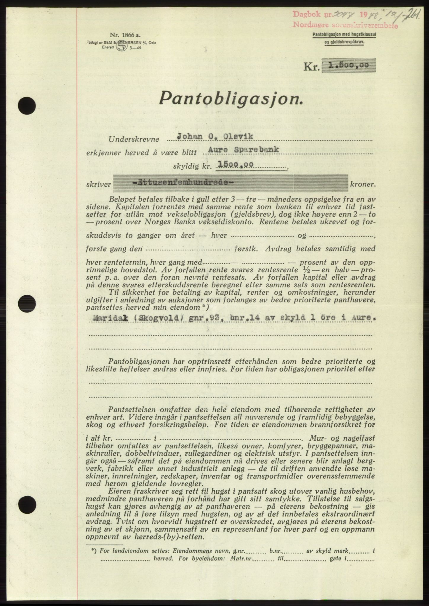 Nordmøre sorenskriveri, SAT/A-4132/1/2/2Ca: Pantebok nr. B99, 1948-1948, Dagboknr: 2047/1948