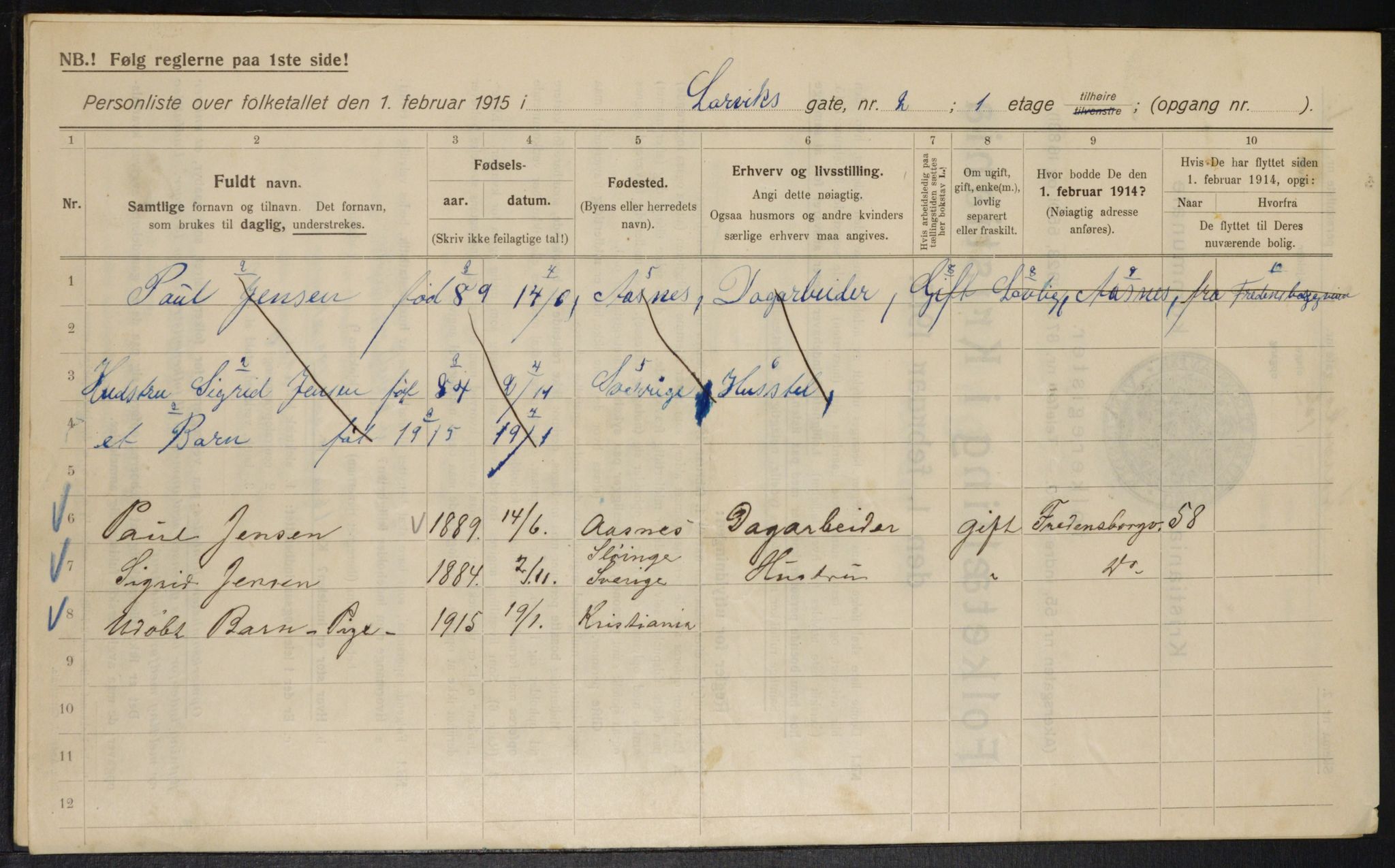 OBA, Kommunal folketelling 1.2.1915 for Kristiania, 1915, s. 56594