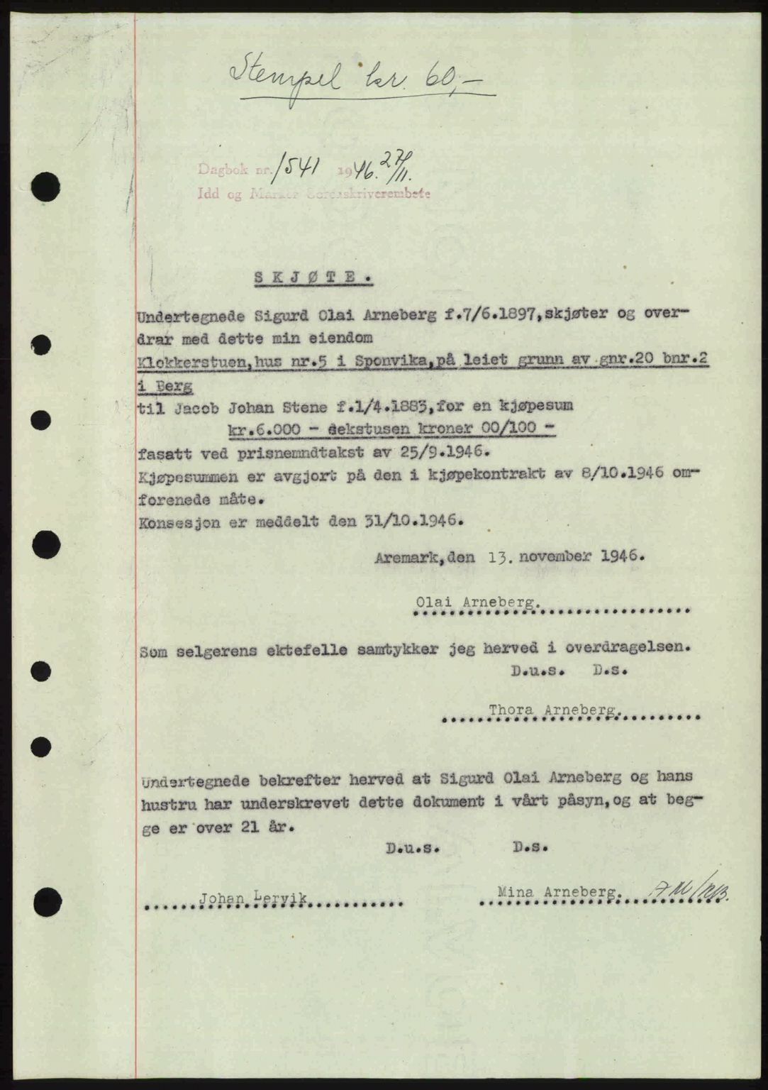 Idd og Marker sorenskriveri, SAO/A-10283/G/Gb/Gbb/L0009: Pantebok nr. A9, 1946-1947, Dagboknr: 1541/1946
