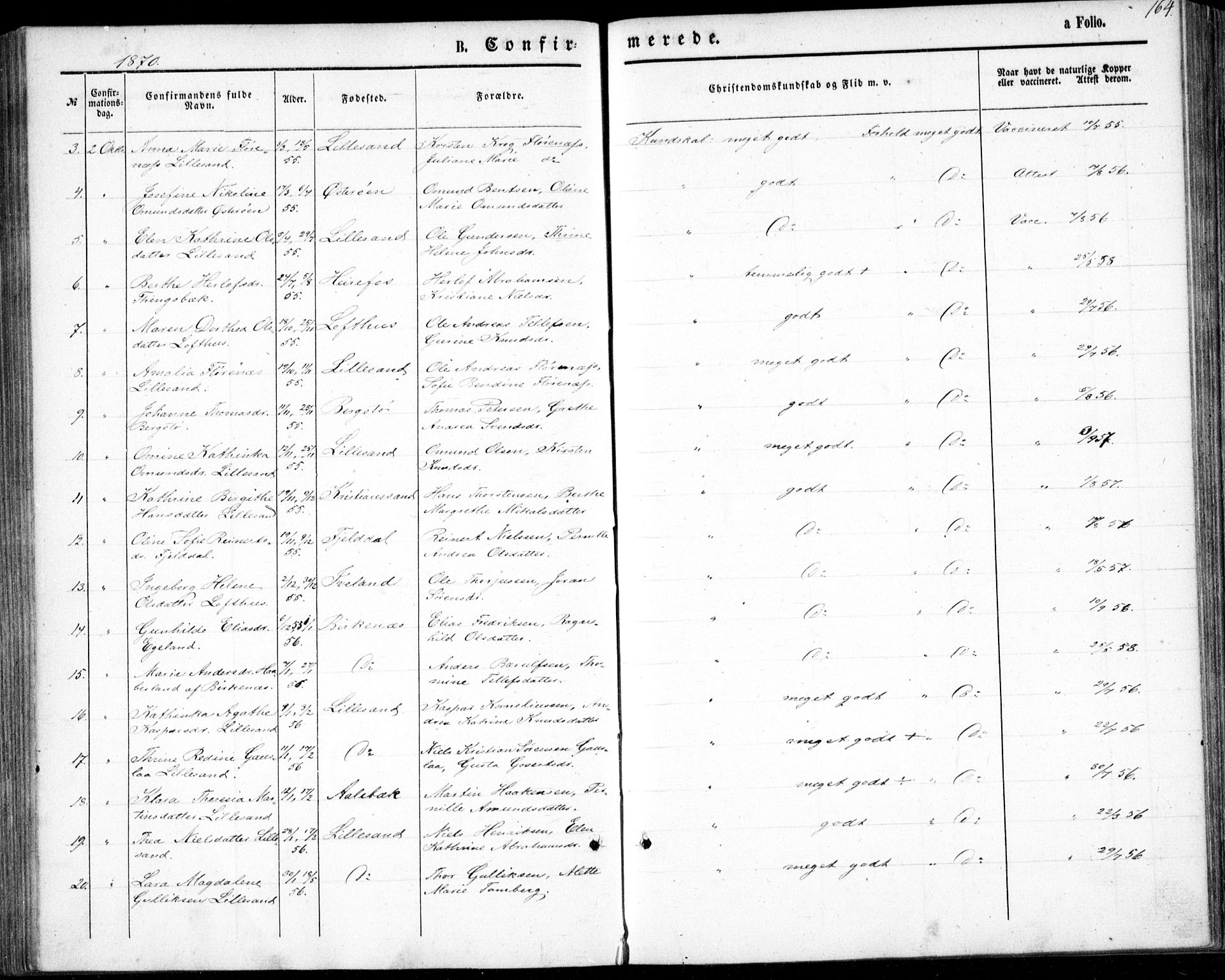 Vestre Moland sokneprestkontor, AV/SAK-1111-0046/F/Fb/Fbb/L0004: Klokkerbok nr. B 4, 1861-1872, s. 164