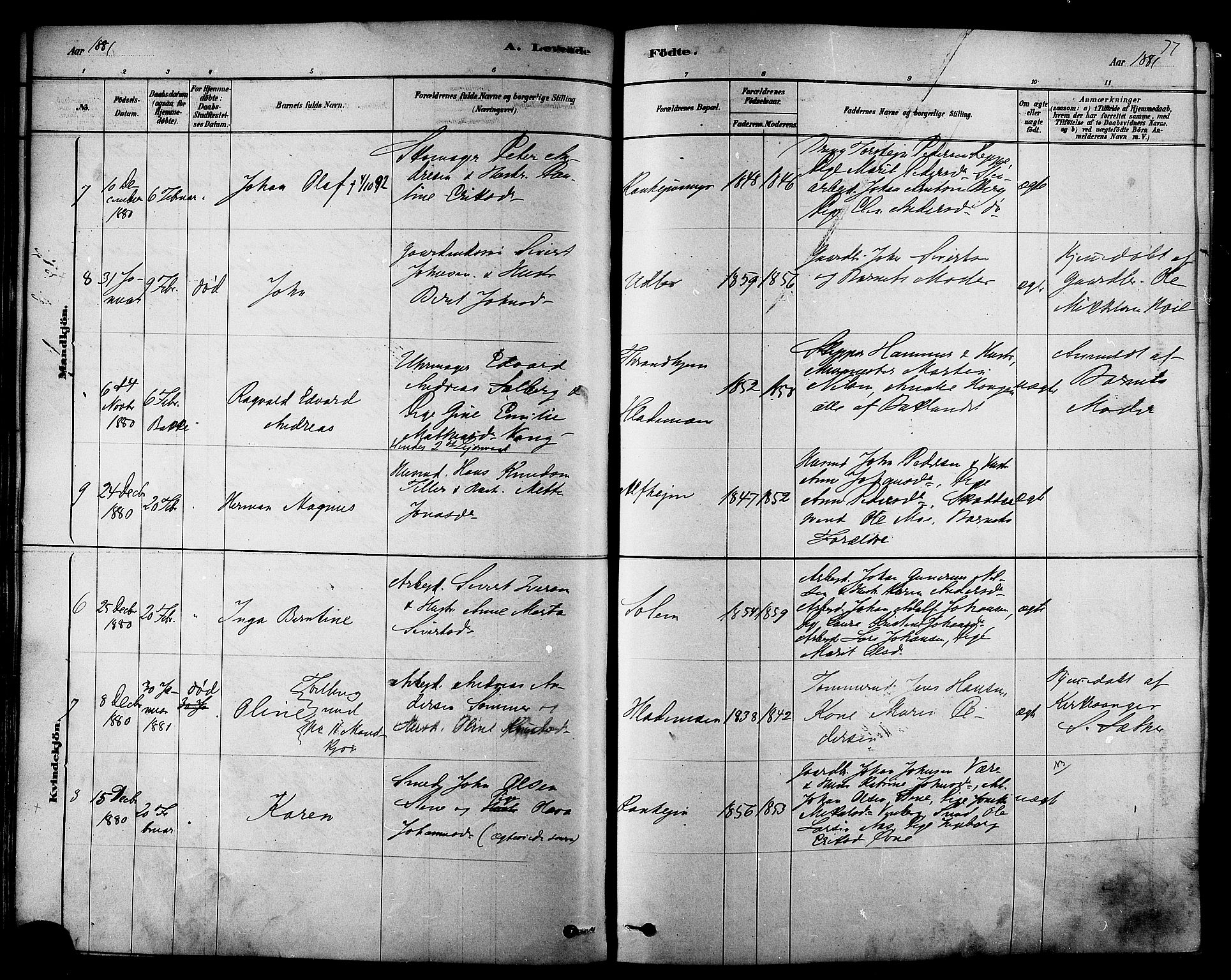 Ministerialprotokoller, klokkerbøker og fødselsregistre - Sør-Trøndelag, SAT/A-1456/606/L0294: Ministerialbok nr. 606A09, 1878-1886, s. 77