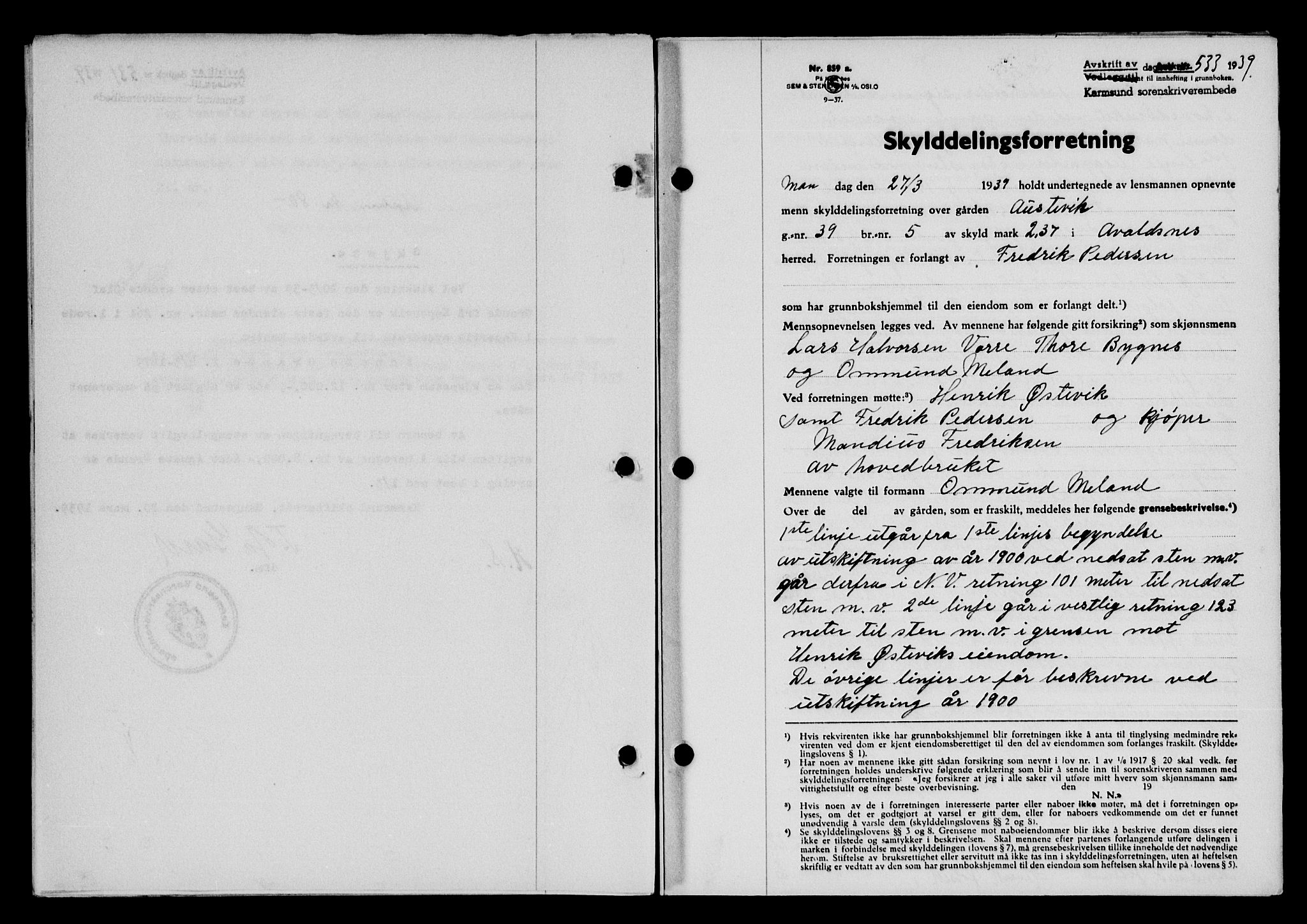 Karmsund sorenskriveri, SAST/A-100311/01/II/IIB/L0071: Pantebok nr. 52A, 1939-1939, Dagboknr: 533/1939