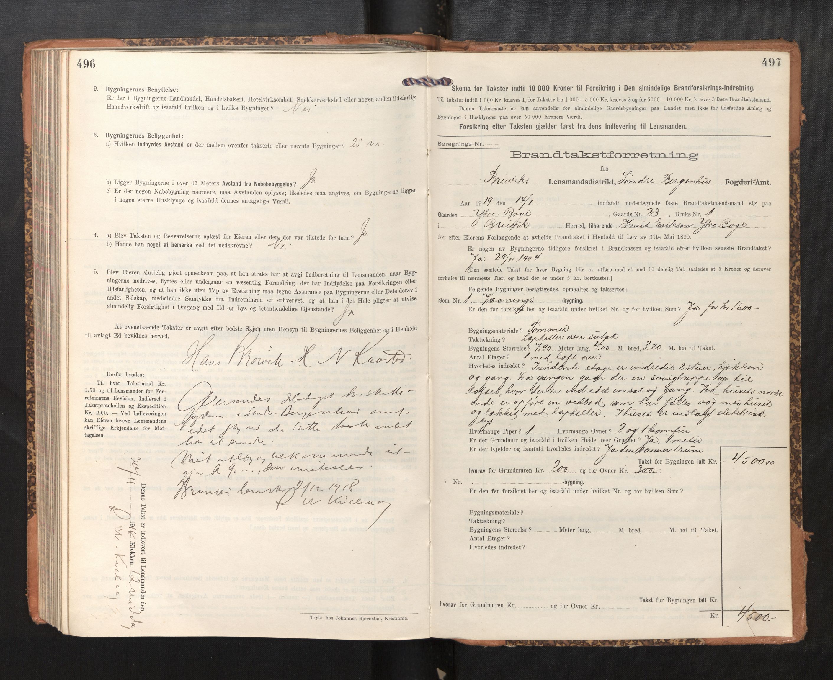 Lensmannen i Bruvik, SAB/A-31301/0012/L0008: Branntakstprotokoll, skjematakst, 1914-1919, s. 496-497