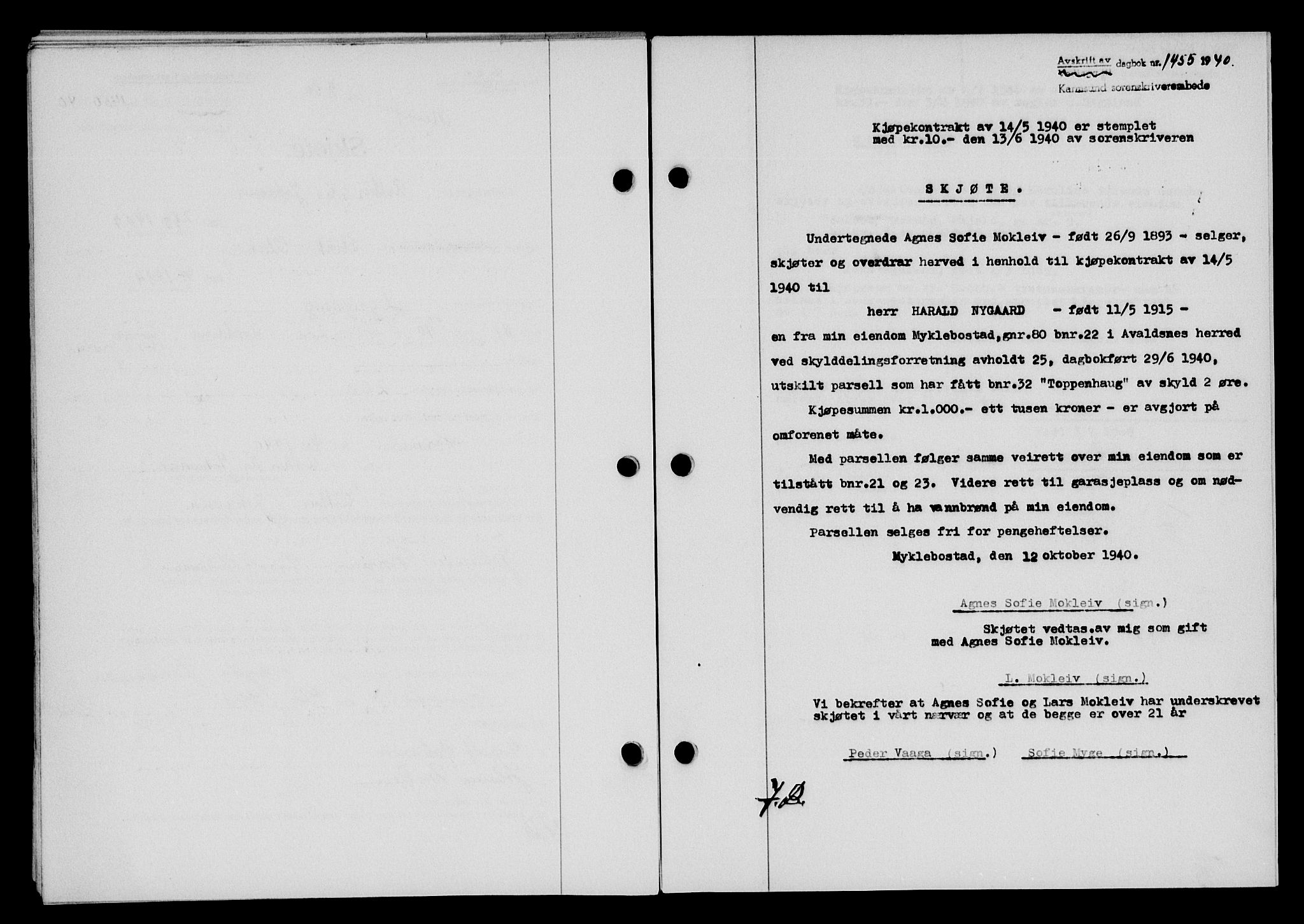 Karmsund sorenskriveri, SAST/A-100311/01/II/IIB/L0074: Pantebok nr. 55A, 1940-1941, Dagboknr: 1455/1940