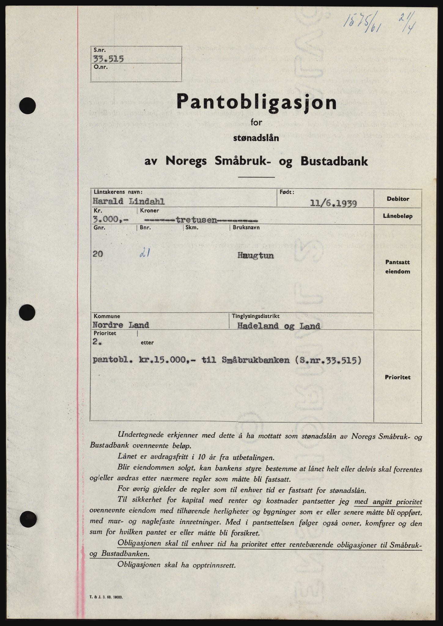 Hadeland og Land tingrett, SAH/TING-010/H/Hb/Hbc/L0045: Pantebok nr. B45, 1961-1961, Dagboknr: 1575/1961