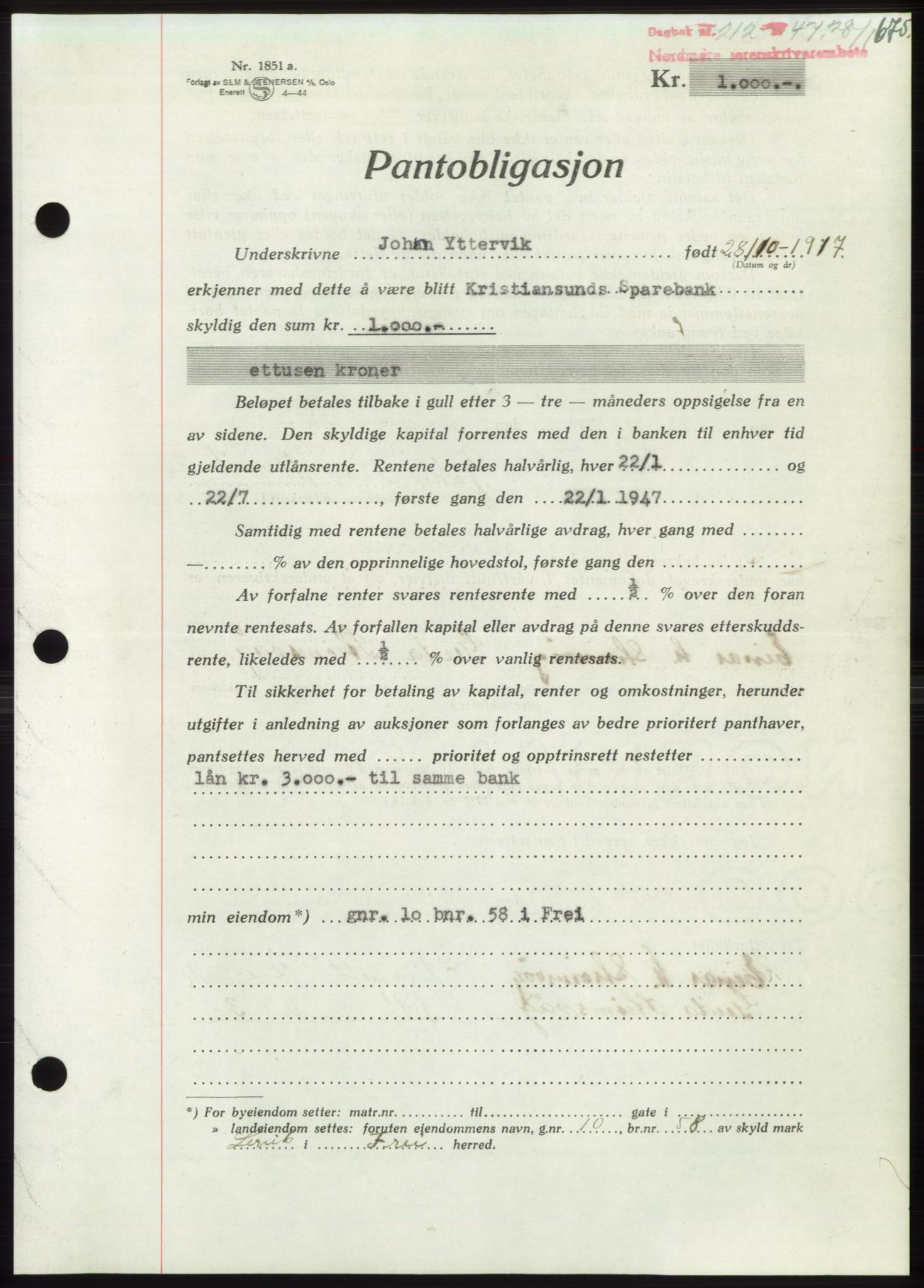 Nordmøre sorenskriveri, AV/SAT-A-4132/1/2/2Ca: Pantebok nr. B95, 1946-1947, Dagboknr: 212/1947