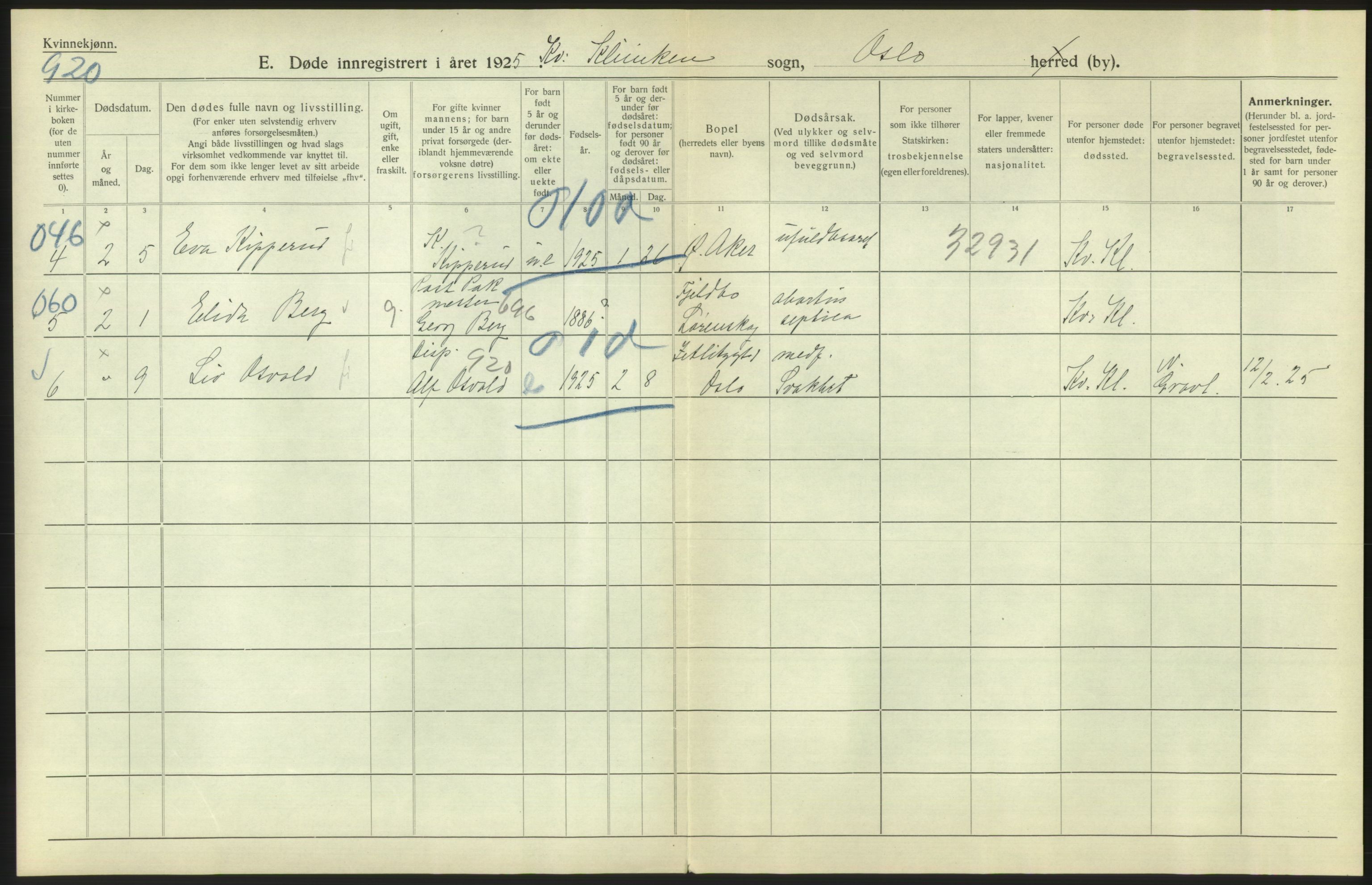 Statistisk sentralbyrå, Sosiodemografiske emner, Befolkning, AV/RA-S-2228/D/Df/Dfc/Dfce/L0010: Oslo: Døde kvinner, dødfødte, 1925, s. 734