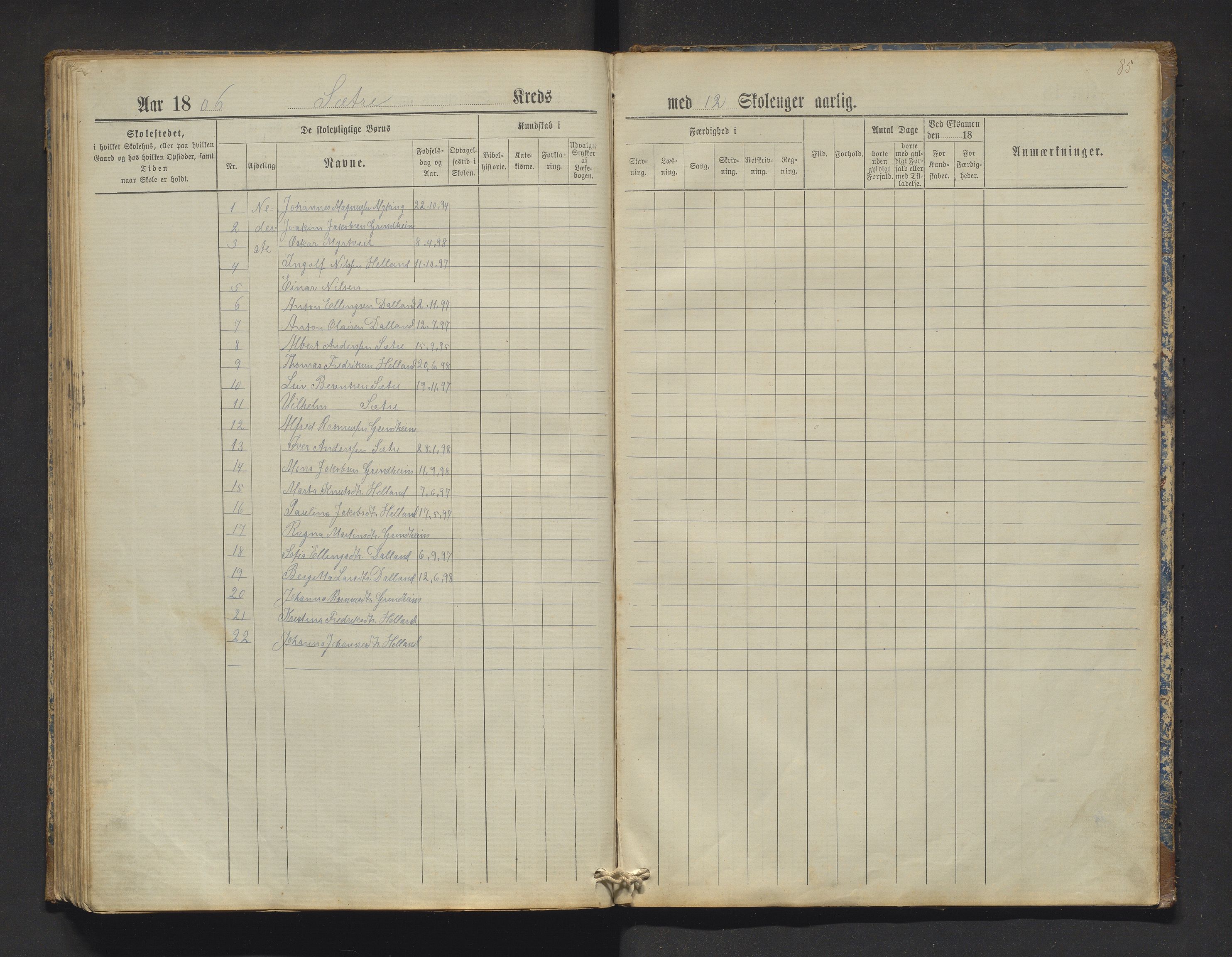 Manger kommune. Barneskulane, IKAH/1261-231/F/Fa/L0002: Skuleprotokoll for Toska, Manger, Dalland, Lilletvedt, Sætre og Helle krinsar , 1882-1916, s. 85