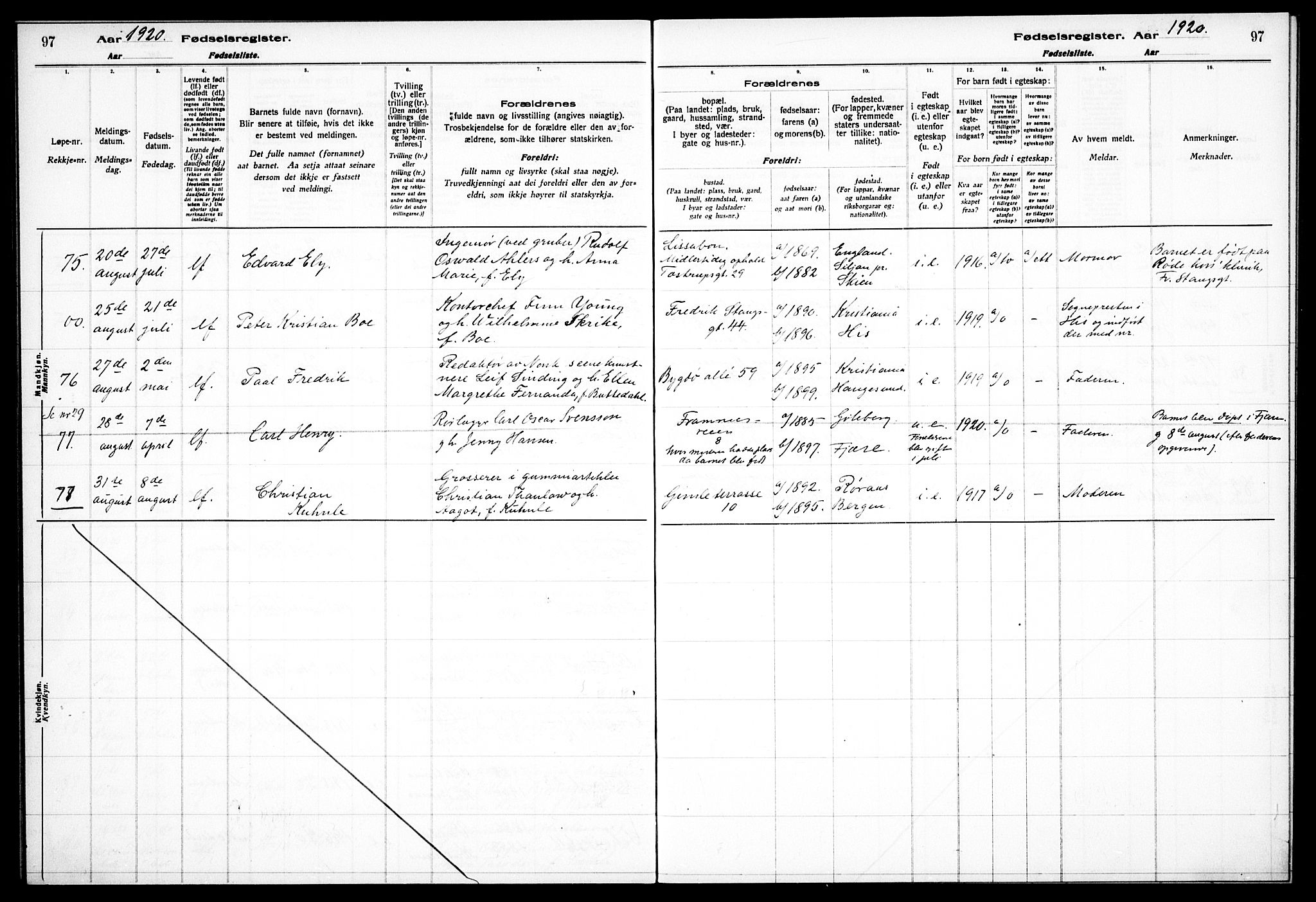 Frogner prestekontor Kirkebøker, AV/SAO-A-10886/J/Ja/L0001: Fødselsregister nr. 1, 1916-1927, s. 97