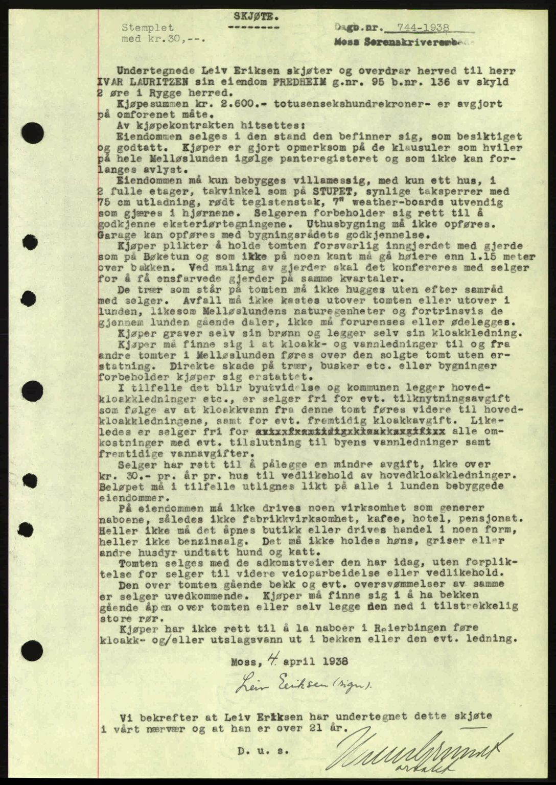 Moss sorenskriveri, SAO/A-10168: Pantebok nr. A4, 1938-1938, Dagboknr: 744/1938