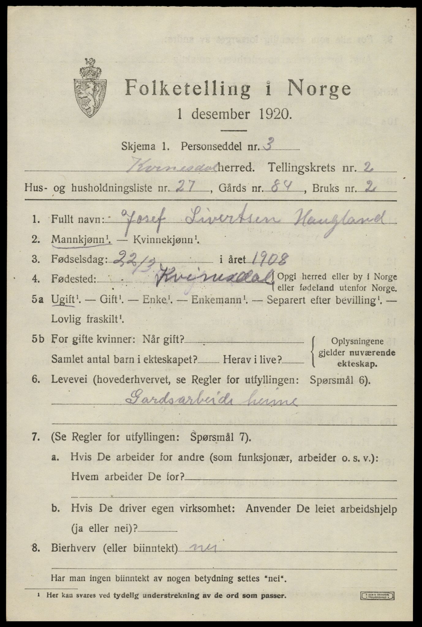 SAK, Folketelling 1920 for 1037 Kvinesdal herred, 1920, s. 2179