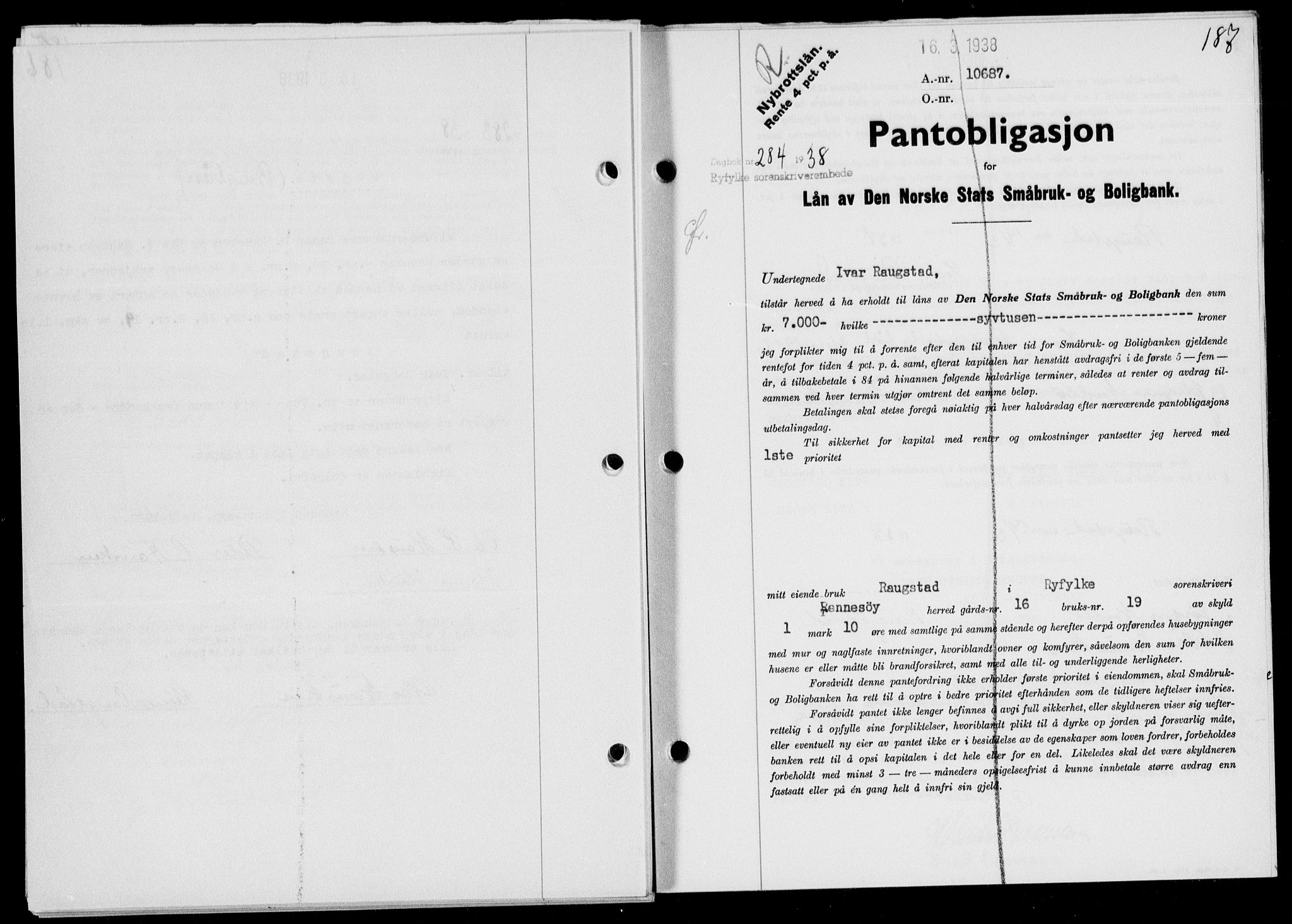 Ryfylke tingrett, SAST/A-100055/001/II/IIB/L0077: Pantebok nr. 56, 1938-1938, Dagboknr: 284/1938